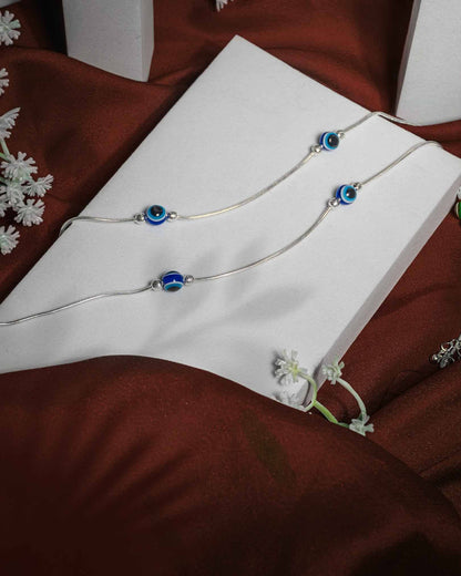 92.5 Sterling Silver Evil Eye Station Anklet | Blue Nazar Bead Snake Chain Payal
