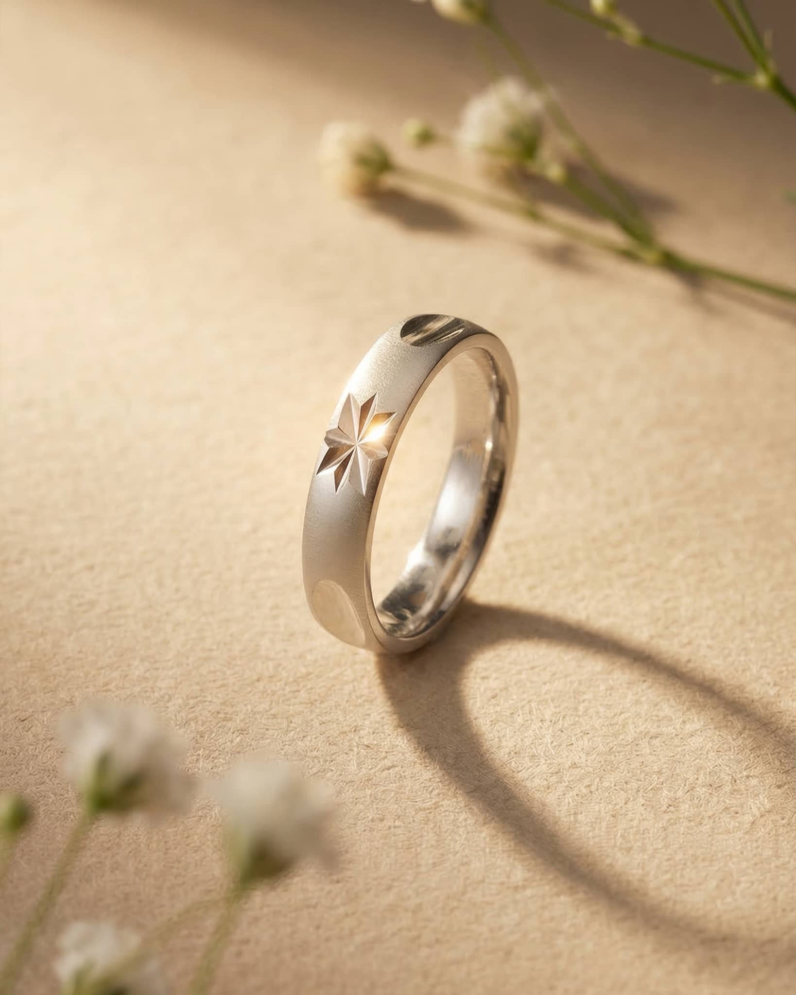 Elegant woman wearing a modern 92.5 sterling silver matte star engraved band ring on her finger.