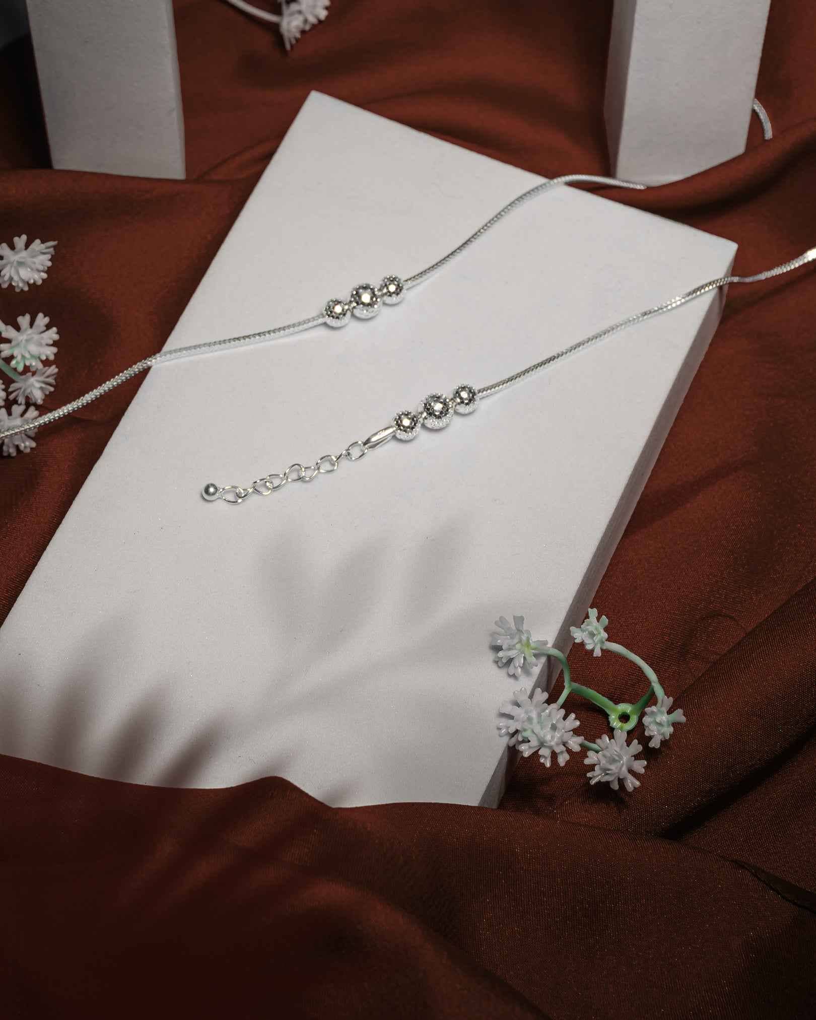 92.5 Sterling Silver Triple Stardust Ball Anklet | Textured Bead Snake Chain Payal