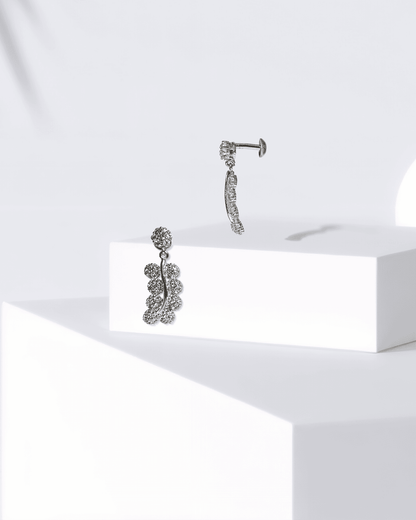 Pair of silver earrings on a white surface