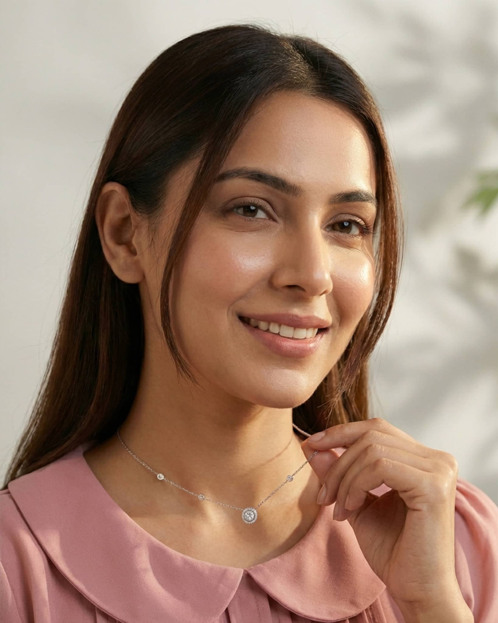 92.5 Sterling Silver Solitaire Halo Station Necklace | Round CZ Diamond Chain