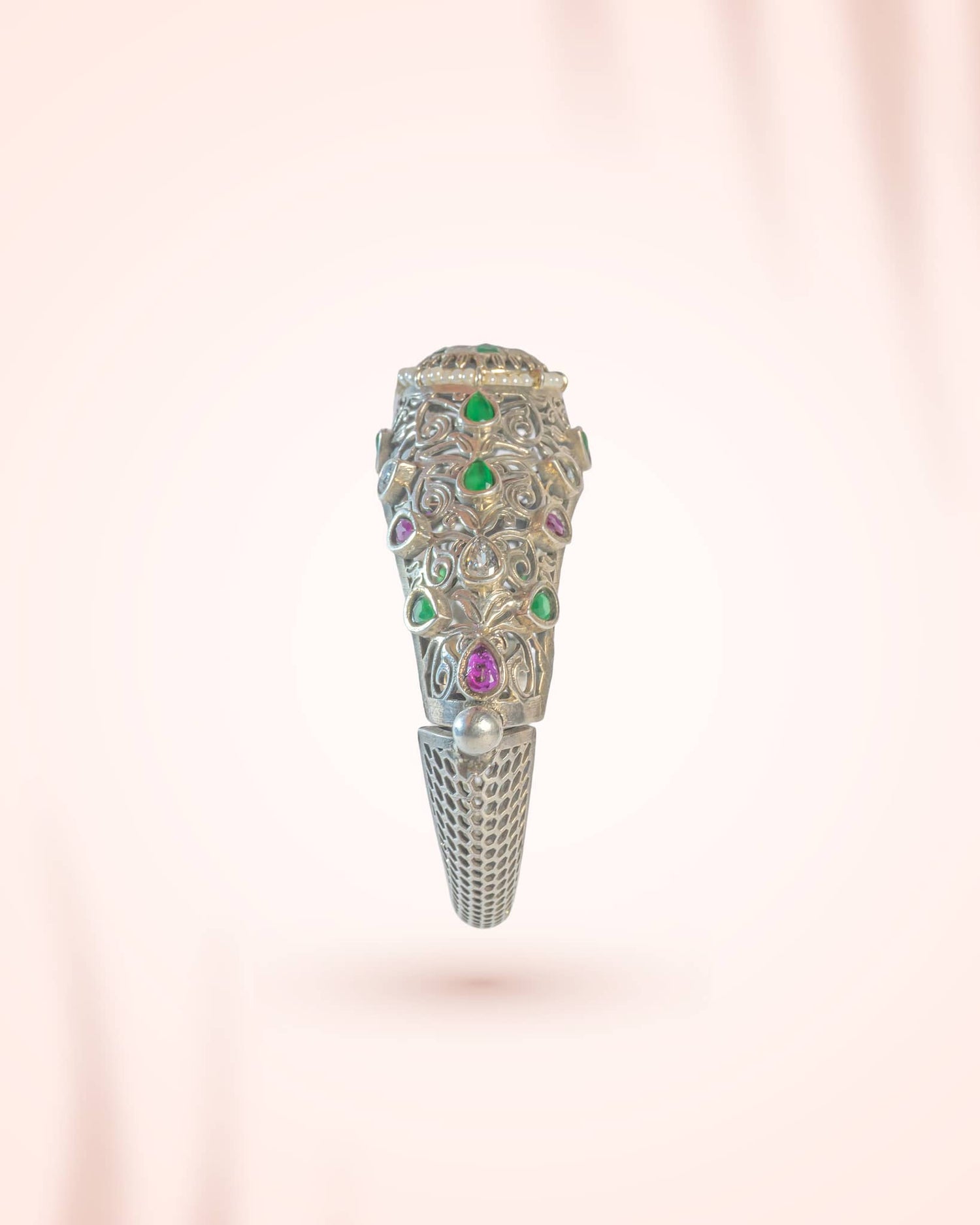 92.5 Sterling Silver Jadau Kundan Floral Bangle | Antique Multistone Wedding Kada