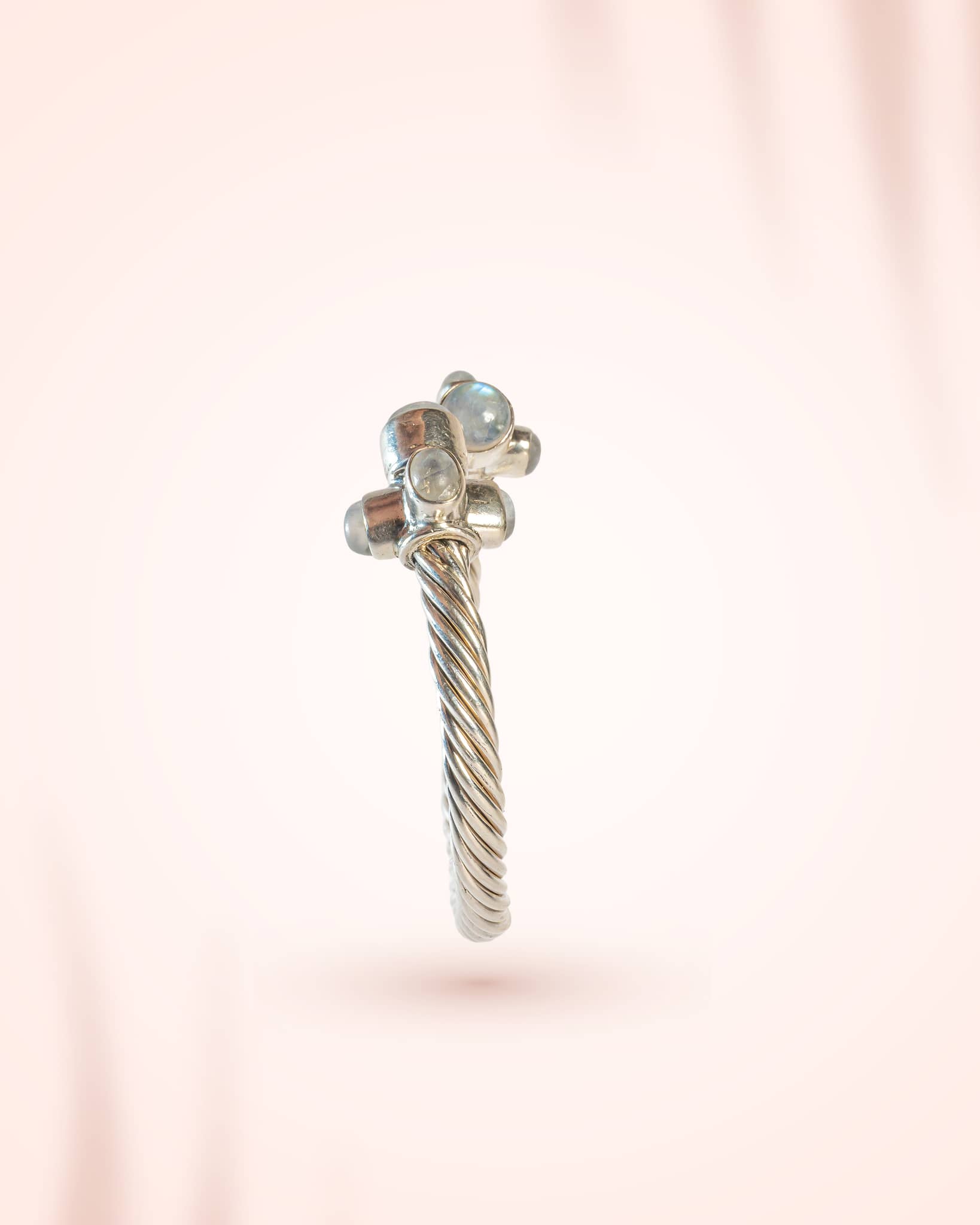 92.5 Sterling Silver Twisted Rope Cuff with Natural Moonstones | Triple Stone Adjustable Bangle