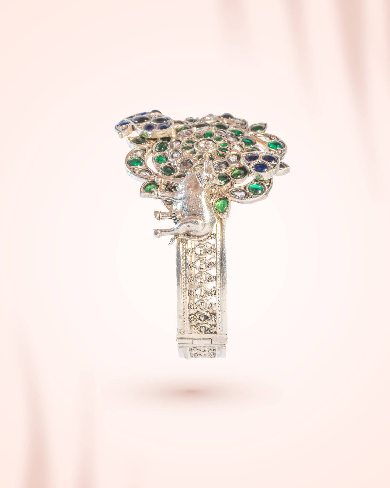 92.5 Sterling Silver Green &amp; Blue Jadau Floral Bangle | Royal Antique Openable Kada