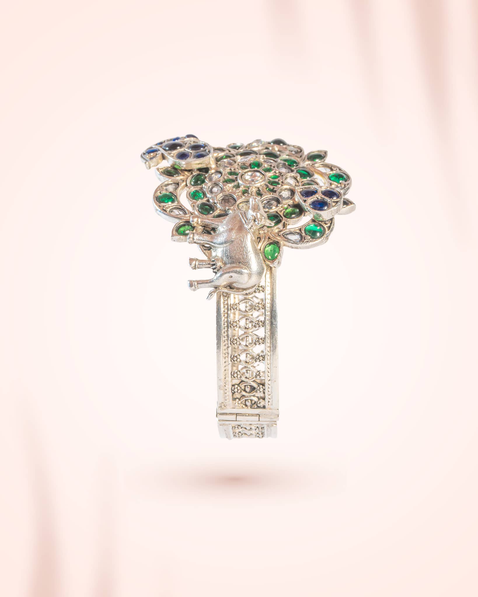 92.5 Sterling Silver Green & Blue Jadau Floral Bangle | Royal Antique Openable Kada