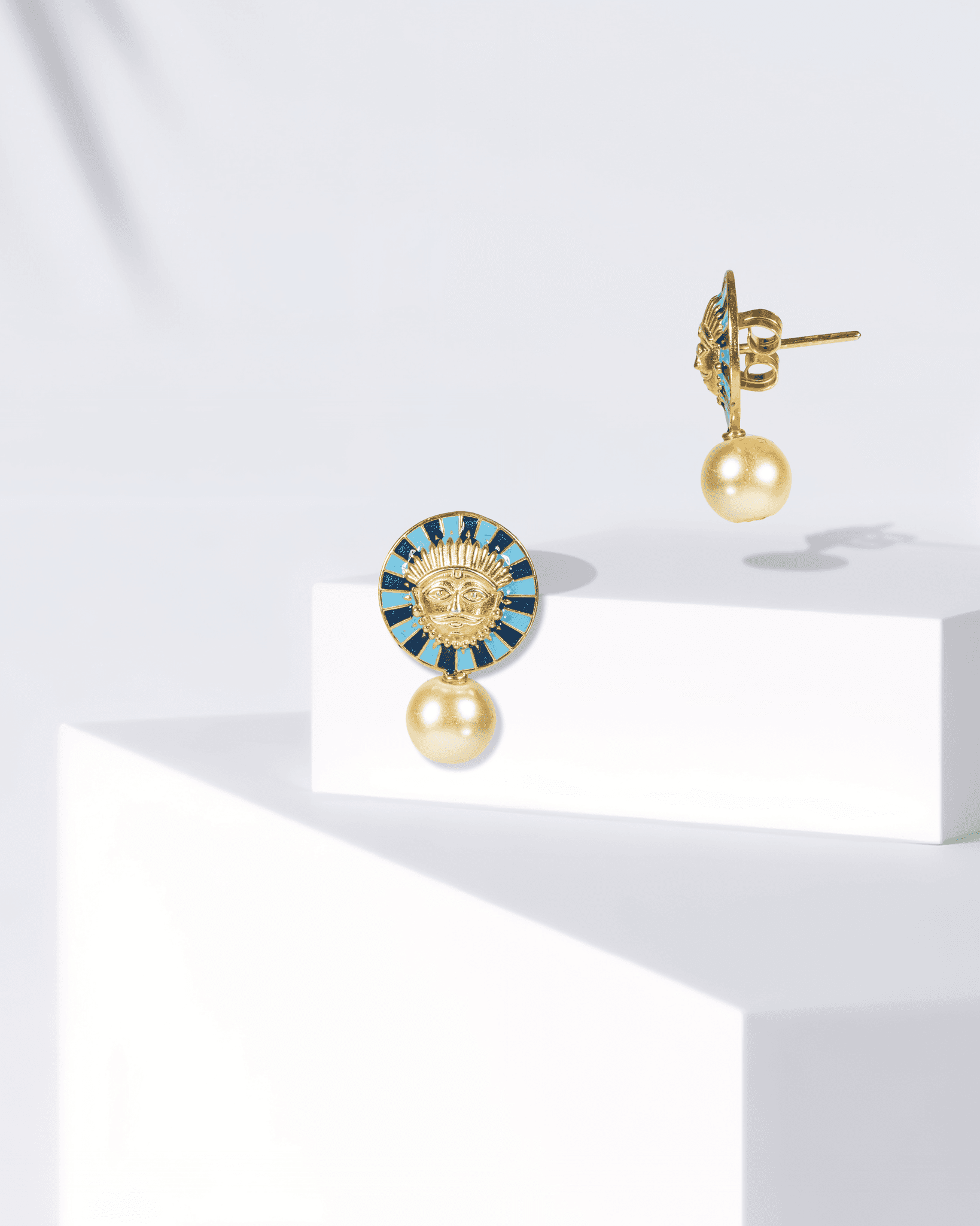 Gold Plated Silver Surya Pendant Set with Blue Enamel & Pearls | Traditional Sun Motif (Chain Not Included)