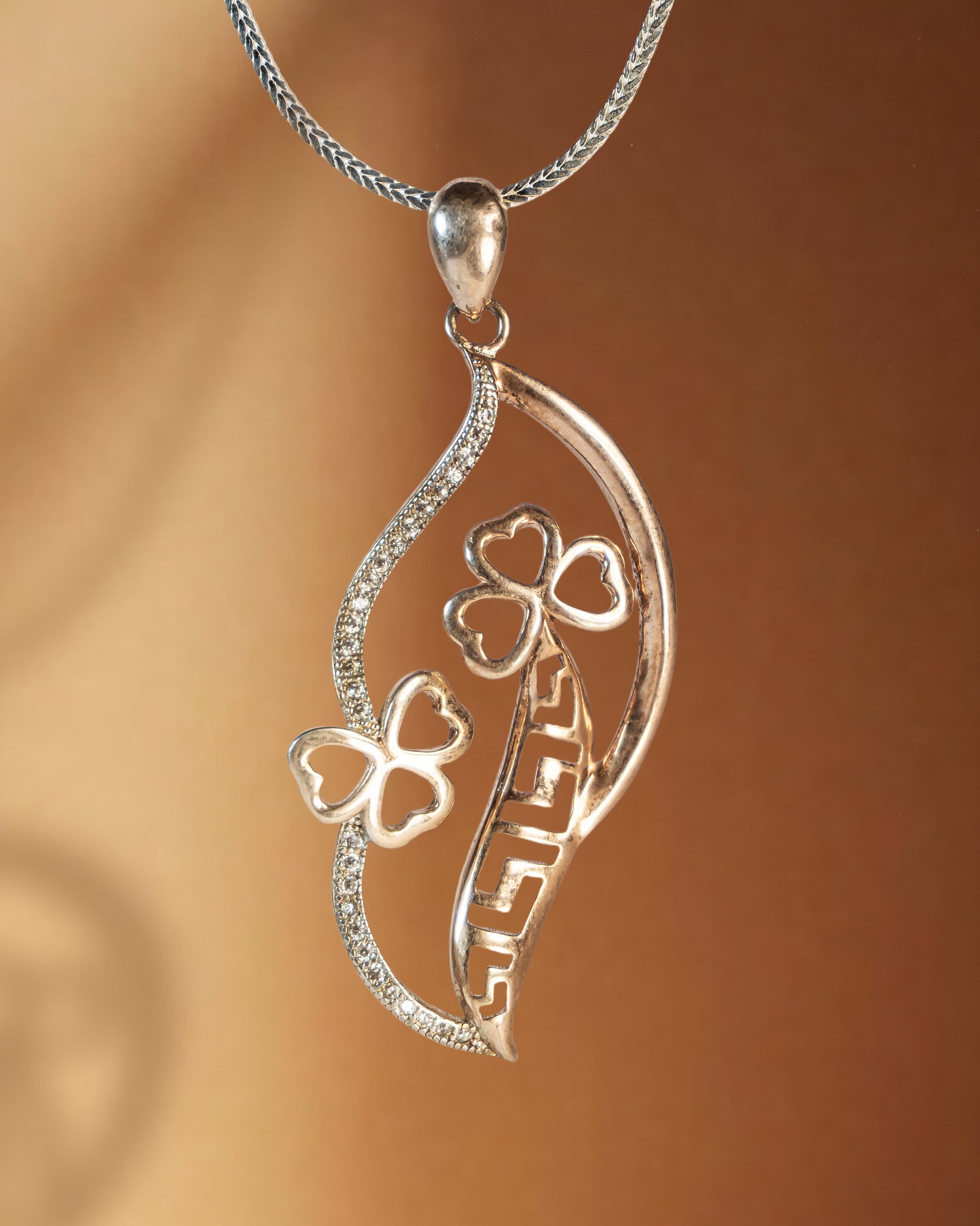 925 Sterling Silver Rose Gold Plated Pendant Set with CZ | Leaf & Clover Design (Chain Not Included)