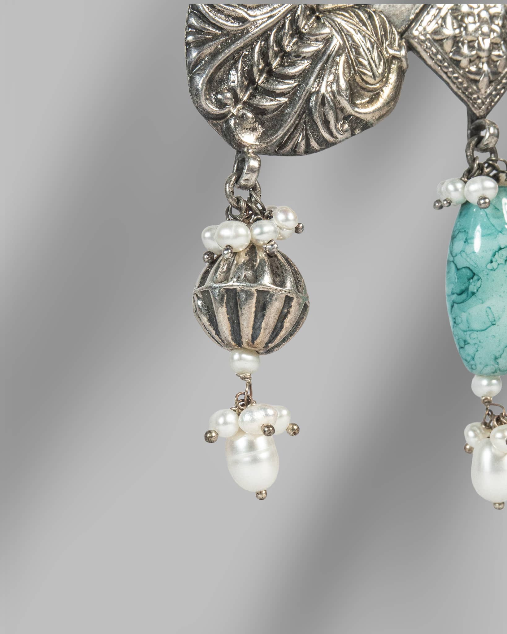 Oxidized 925 Sterling Silver Turquoise Beaded Long Necklace | Tribal Floral Pendant Mala