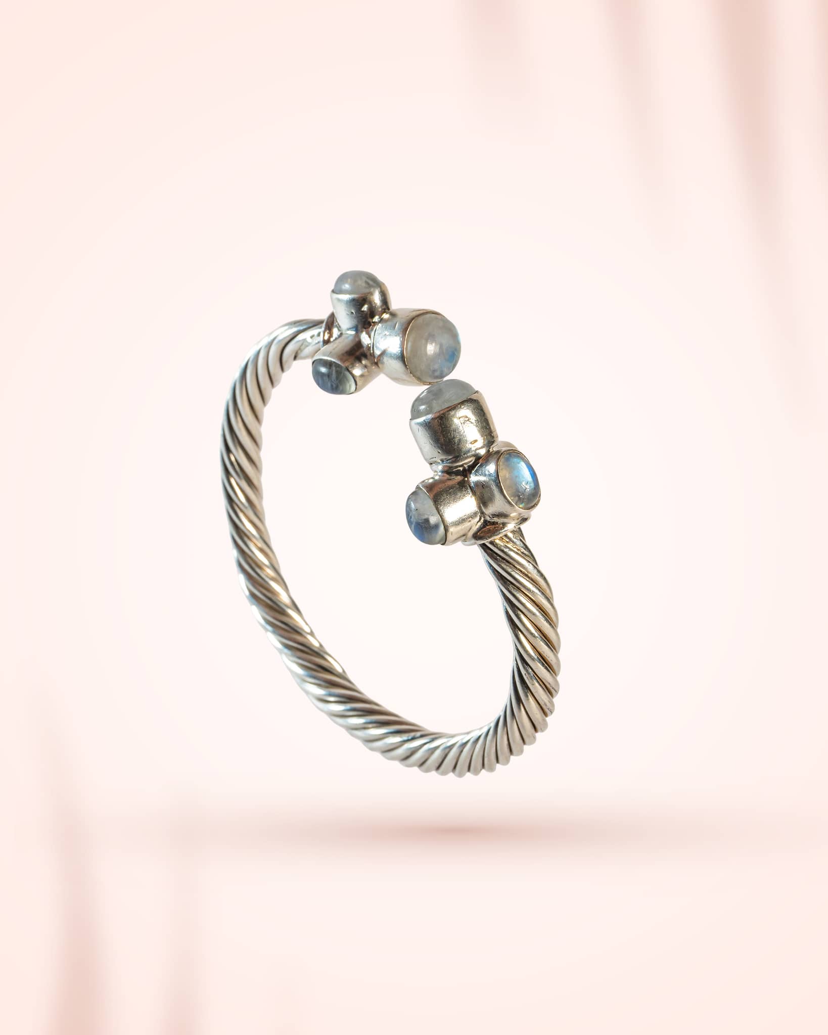 92.5 Sterling Silver Twisted Rope Cuff with Natural Moonstones | Triple Stone Adjustable Bangle