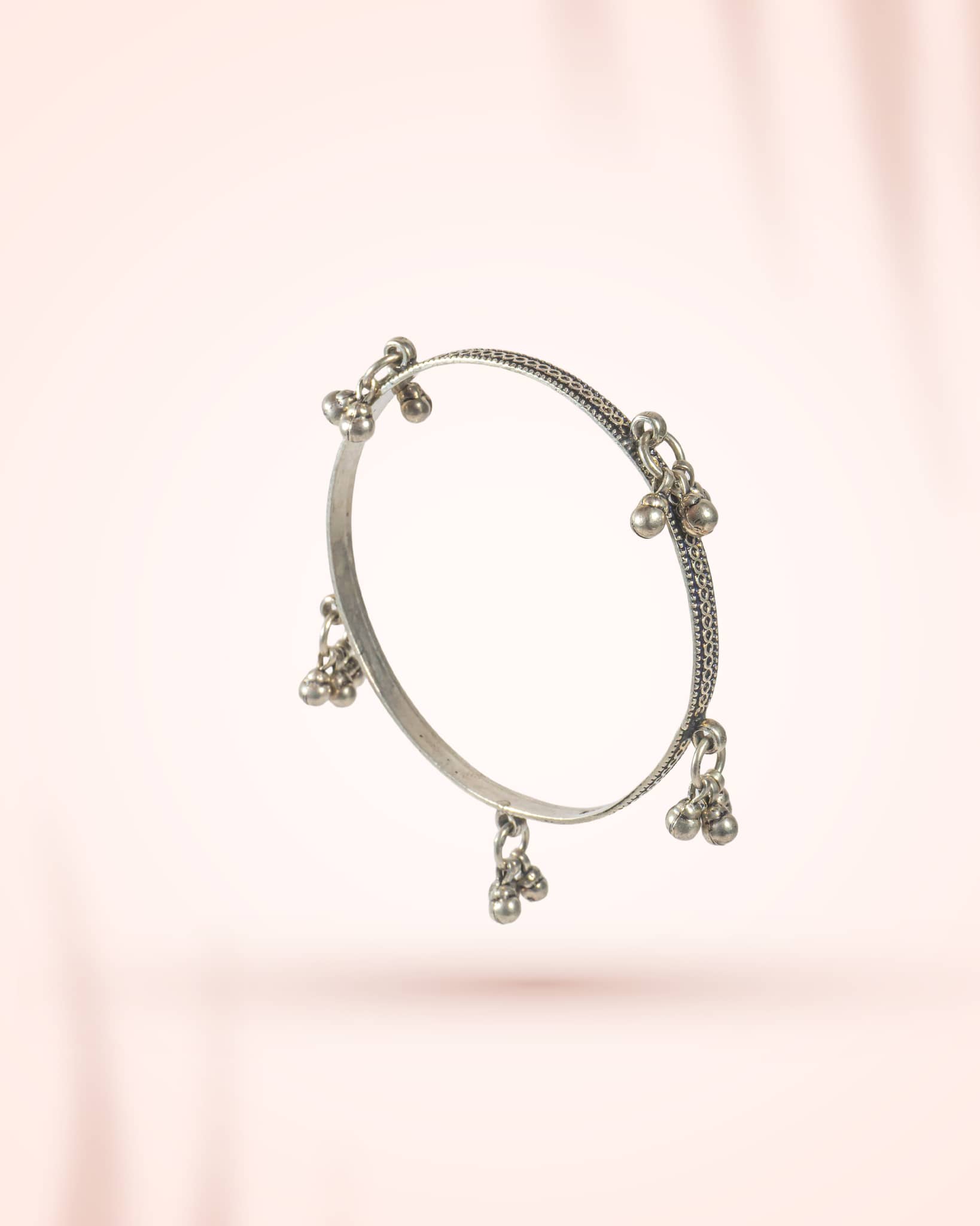 92.5 Sterling Silver Oxidized Ghungroo Bangle | Tribal Charm Bell Bracelet