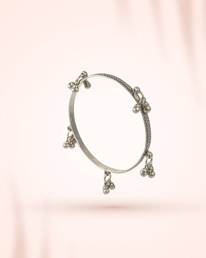 92.5 Sterling Silver Oxidized Ghungroo Bangle | Tribal Charm Bell Bracelet