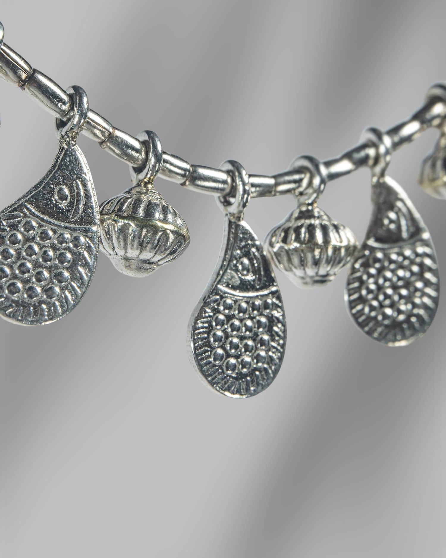 Oxidized 925 Sterling Silver Tribal Necklace with Textured Charms | Boho Beaded Choker