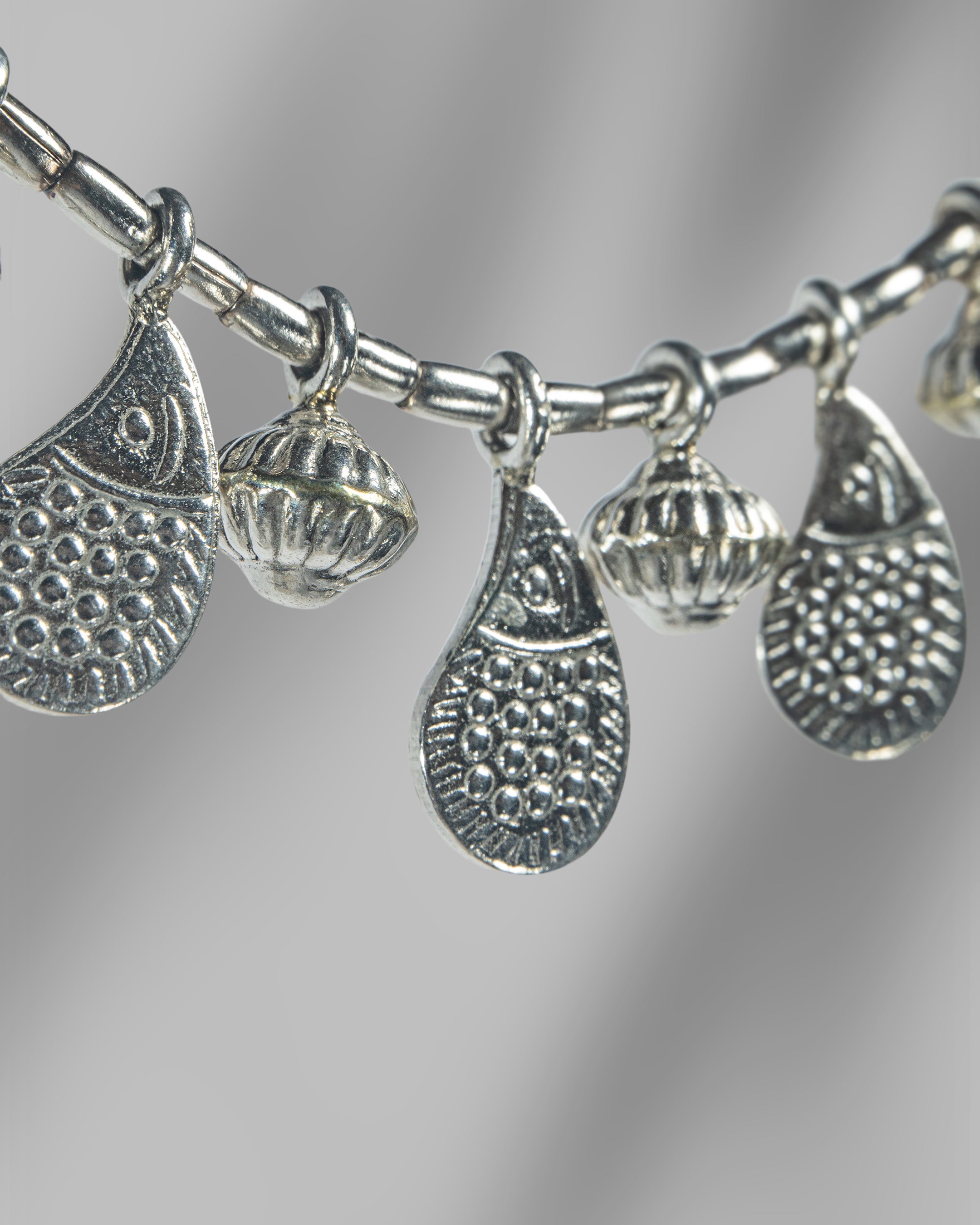 Oxidized 925 Sterling Silver Tribal Necklace with Textured Charms | Boho Beaded Choker