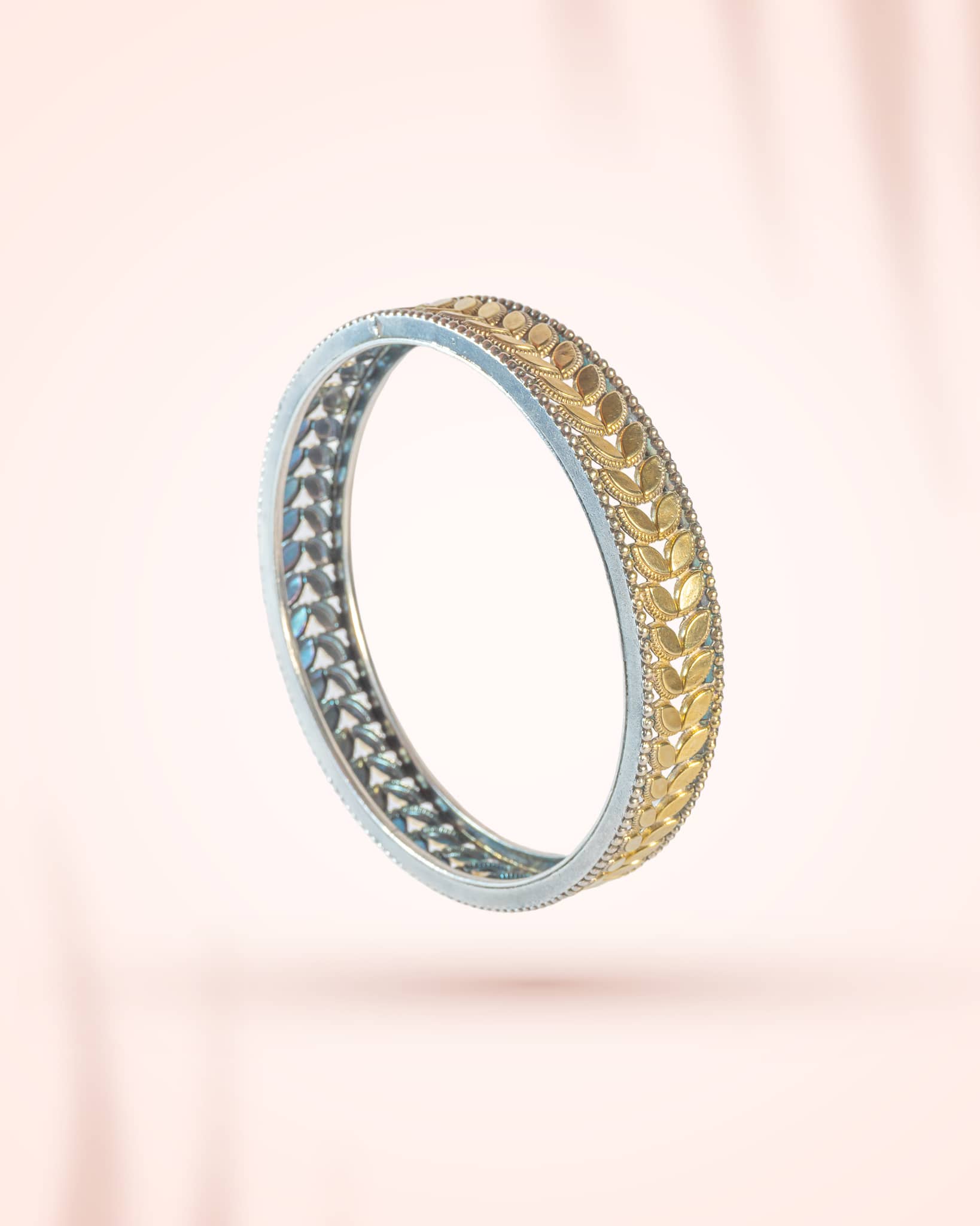 92.5 Sterling Silver Dual Tone Ghungroo Bangle | Gold & Silver Tribal Kada