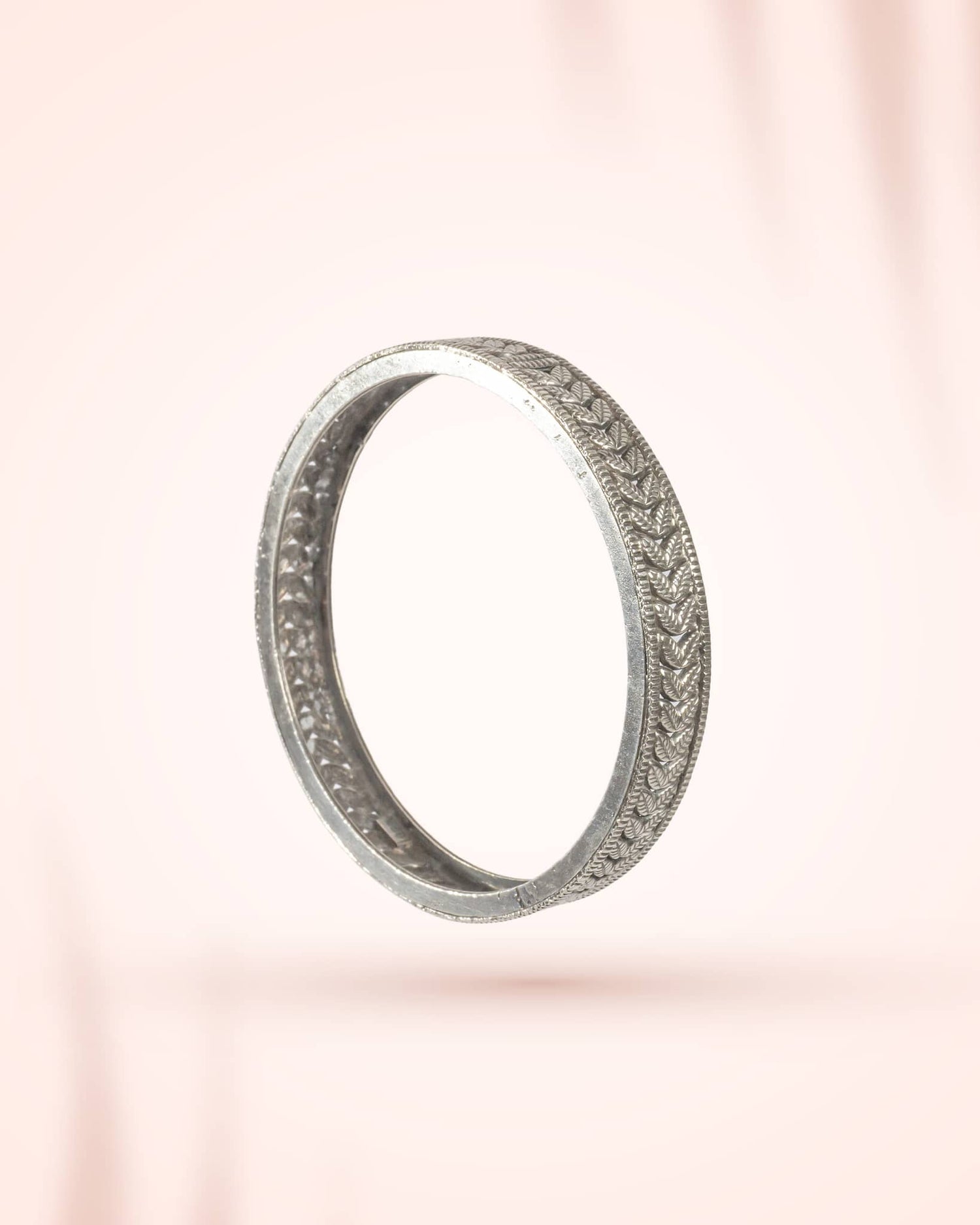 92.5 Sterling Silver Leaf Pattern Antique Bangle | Nature Motif Oxidized Kada
