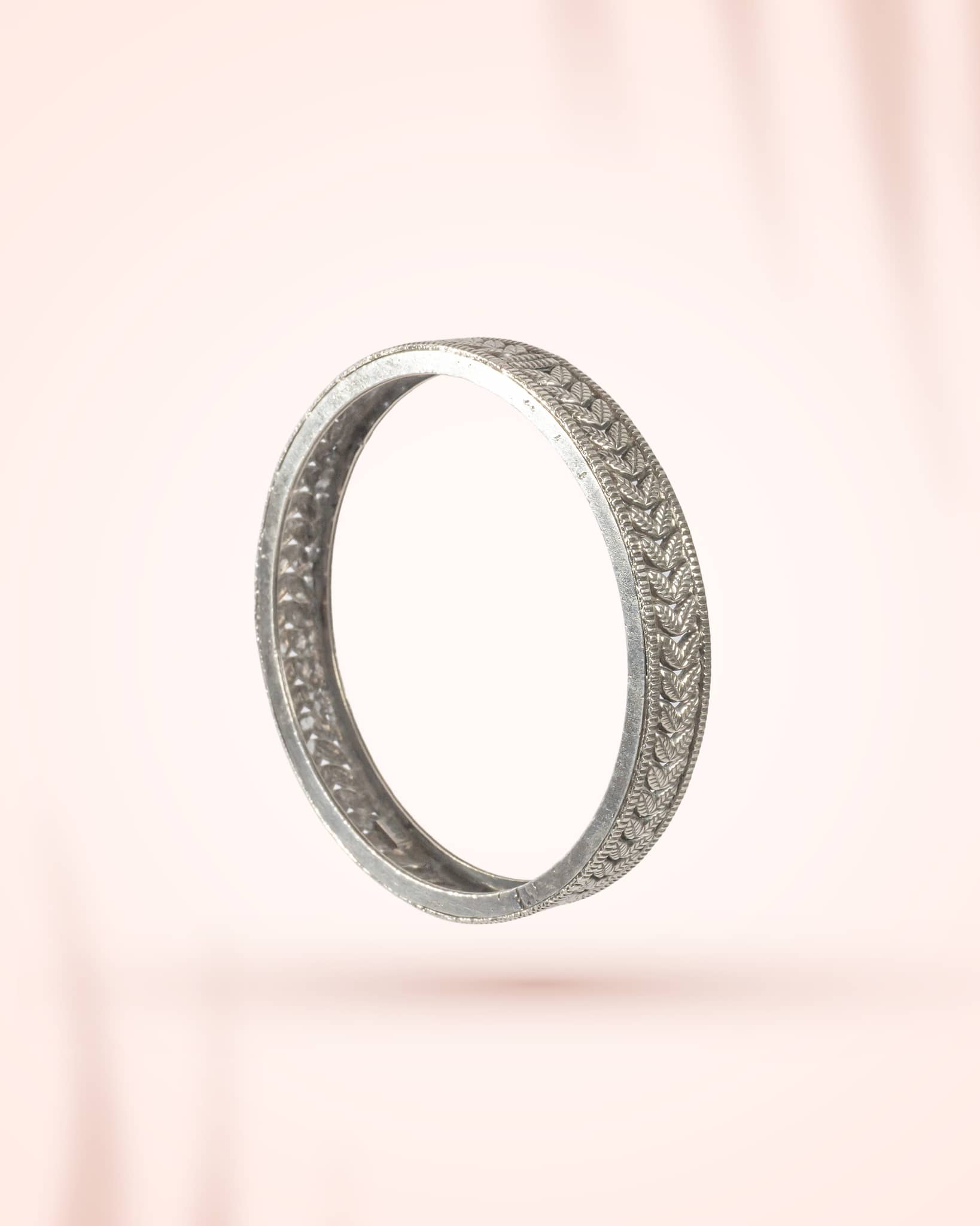 92.5 Sterling Silver Leaf Pattern Antique Bangle | Nature Motif Oxidized Kada
