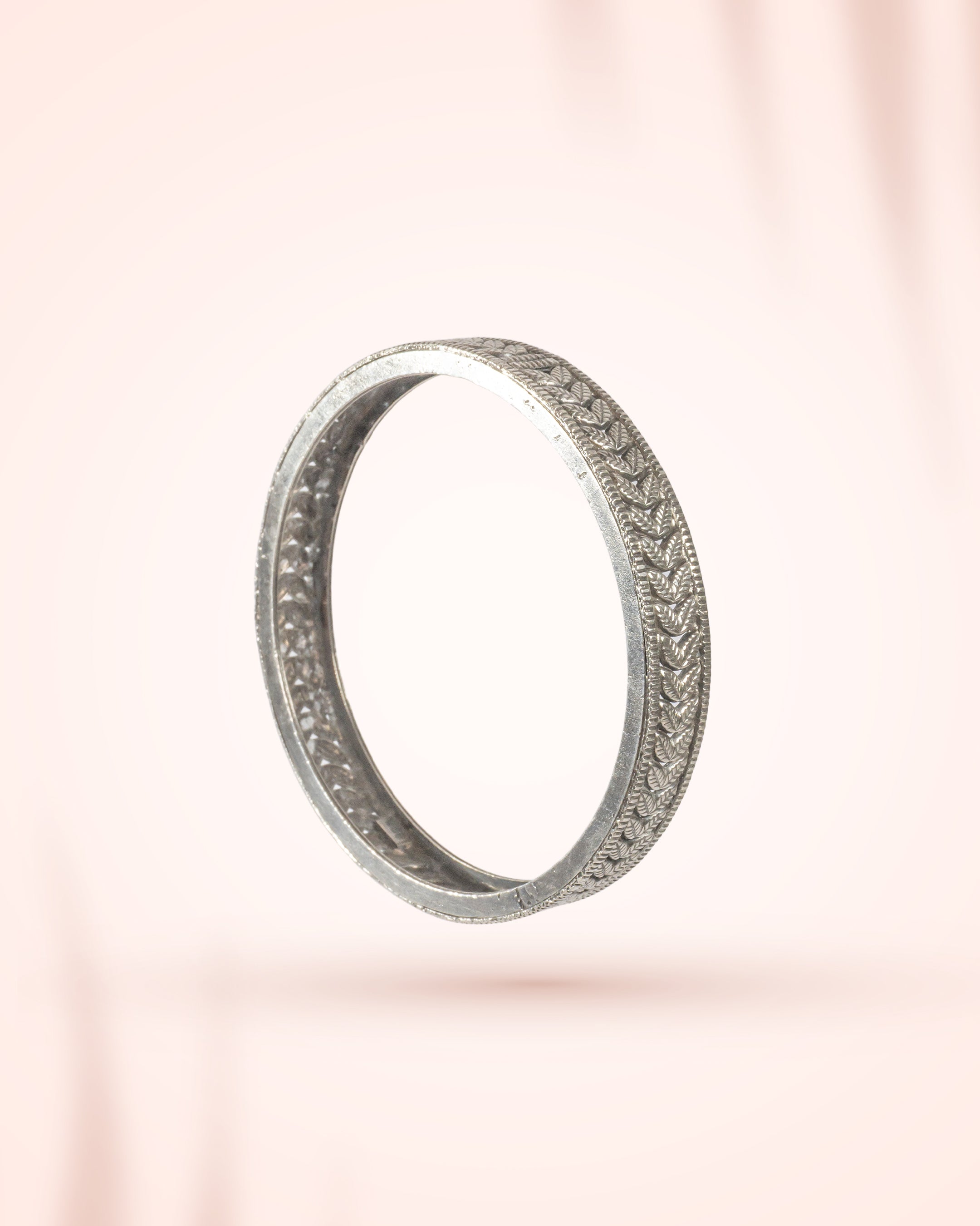 92.5 Sterling Silver Leaf Pattern Antique Bangle | Nature Motif Oxidized Kada