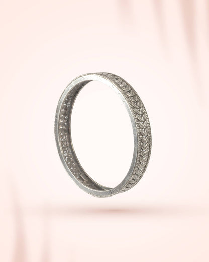 92.5 Sterling Silver Leaf Pattern Antique Bangle | Nature Motif Oxidized Kada