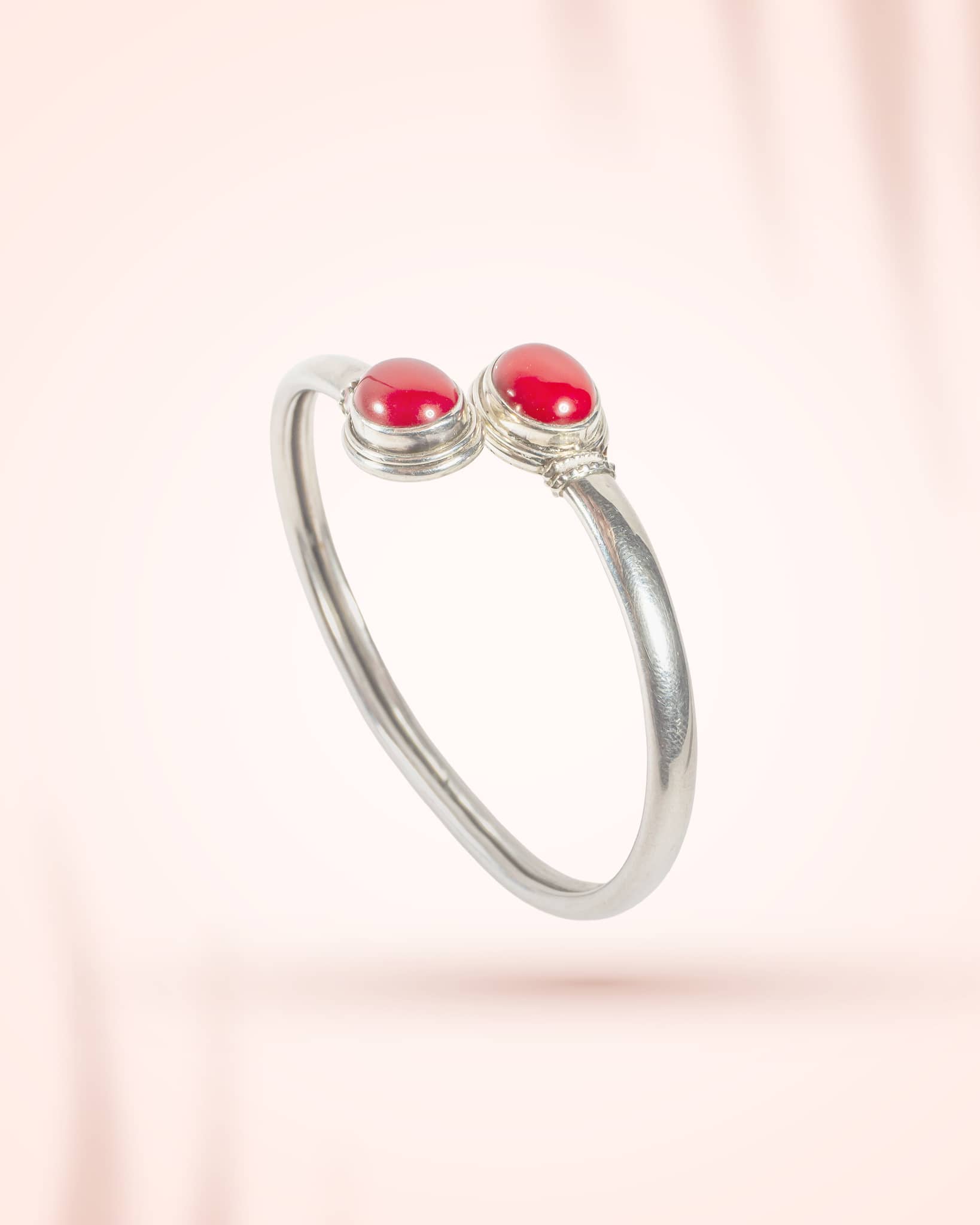Silver Open Cuff Kada with Red Onyx Stone | Modern Adjustable Bangle