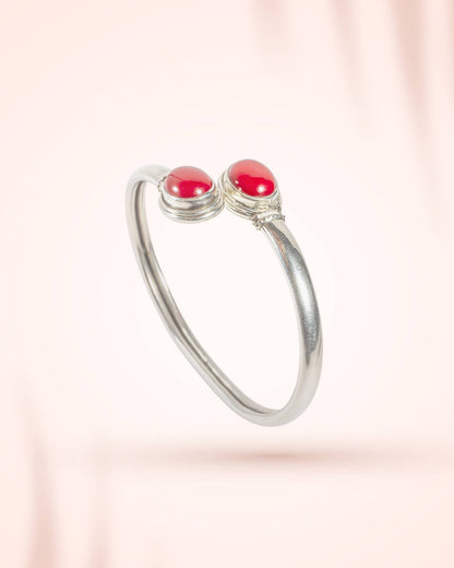 Silver Open Cuff Kada with Red Onyx Stone | Modern Adjustable Bangle