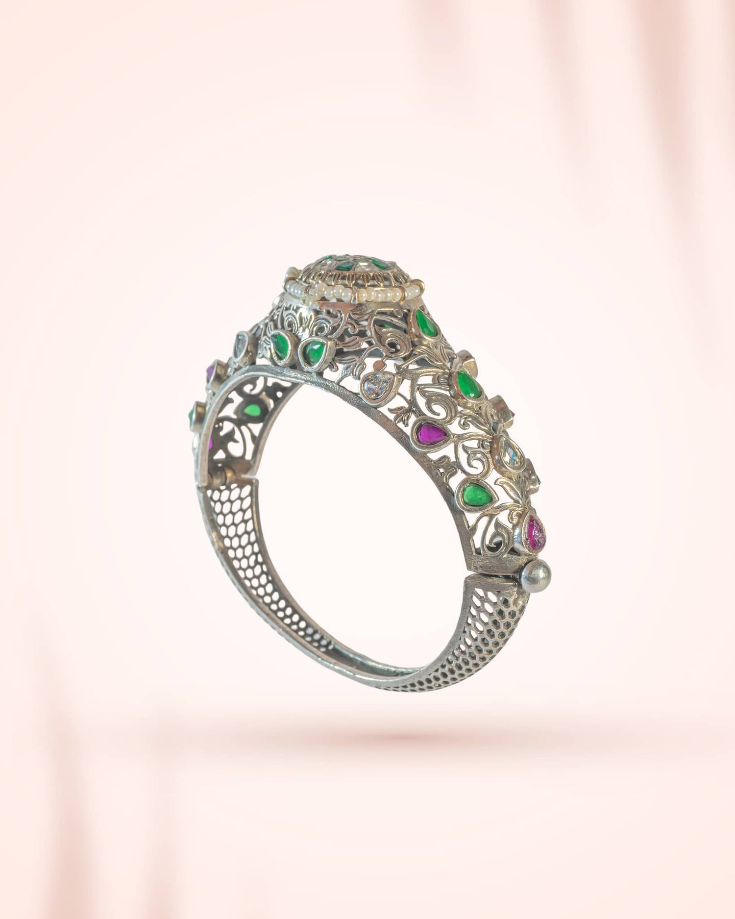 92.5 Sterling Silver Jadau Kundan Floral Bangle | Antique Multistone Wedding Kada