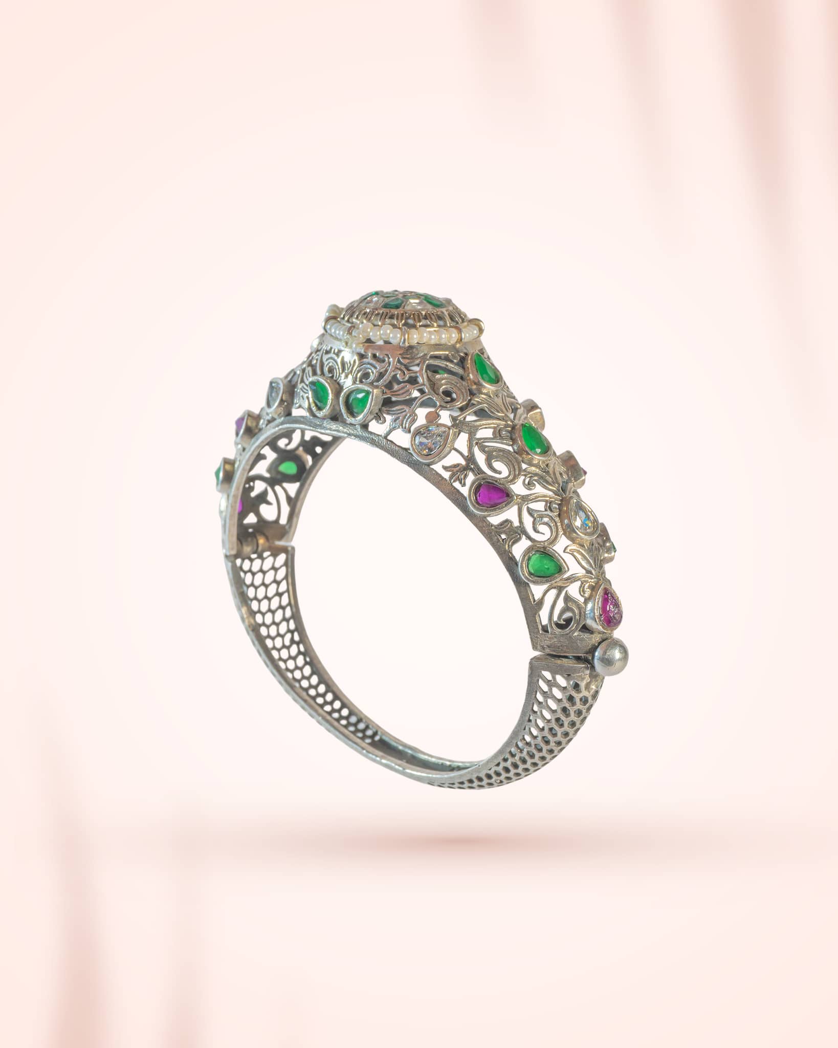 92.5 Sterling Silver Jadau Kundan Floral Bangle | Antique Multistone Wedding Kada