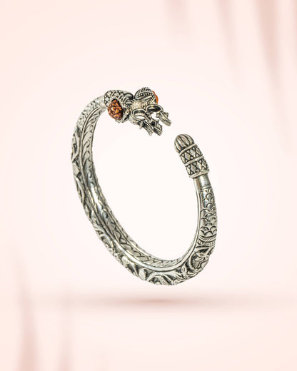 Oxidized Silver Shiva Trishul Damru Kada with Rudraksha | Mahadev Bracelet for Men