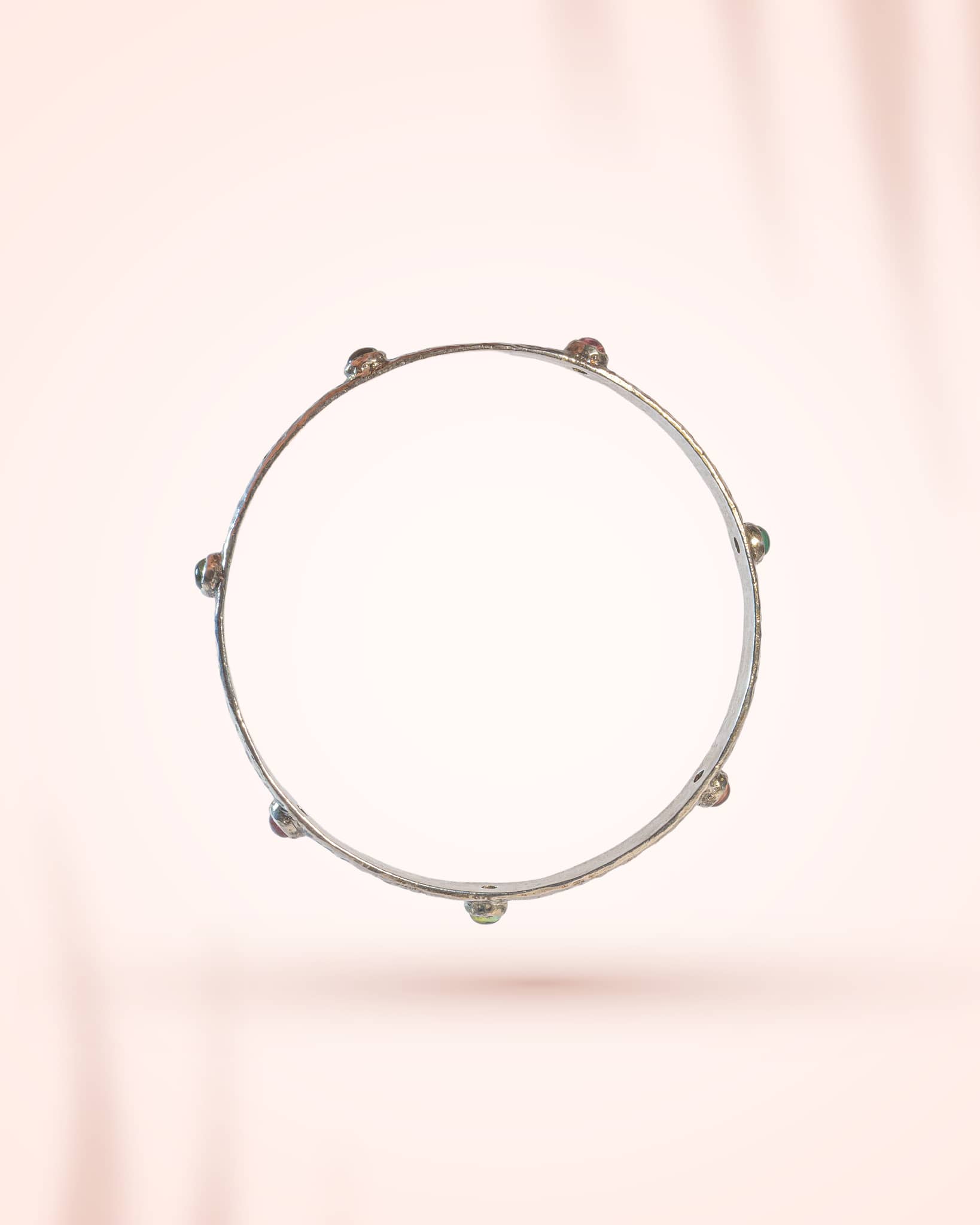92.5 Sterling Silver Hammered Multi-Gemstone Bangle | Antique Textured Slim Kada