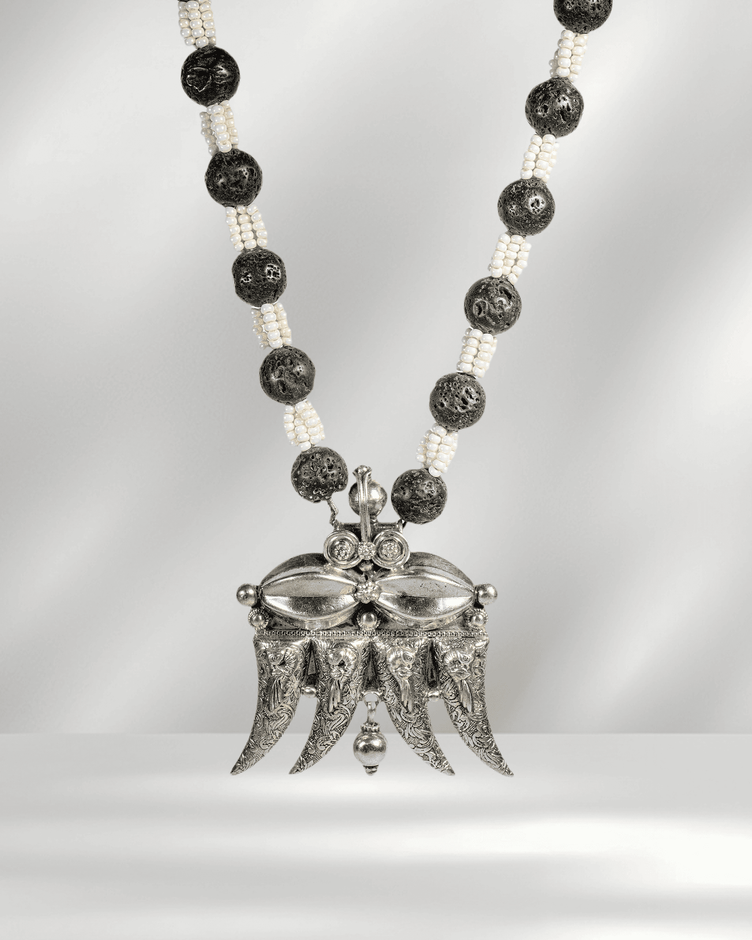 Oxidized 925 Sterling Silver Tribal Claw Pendant Necklace with Lava Beads | Boho Statement Mala