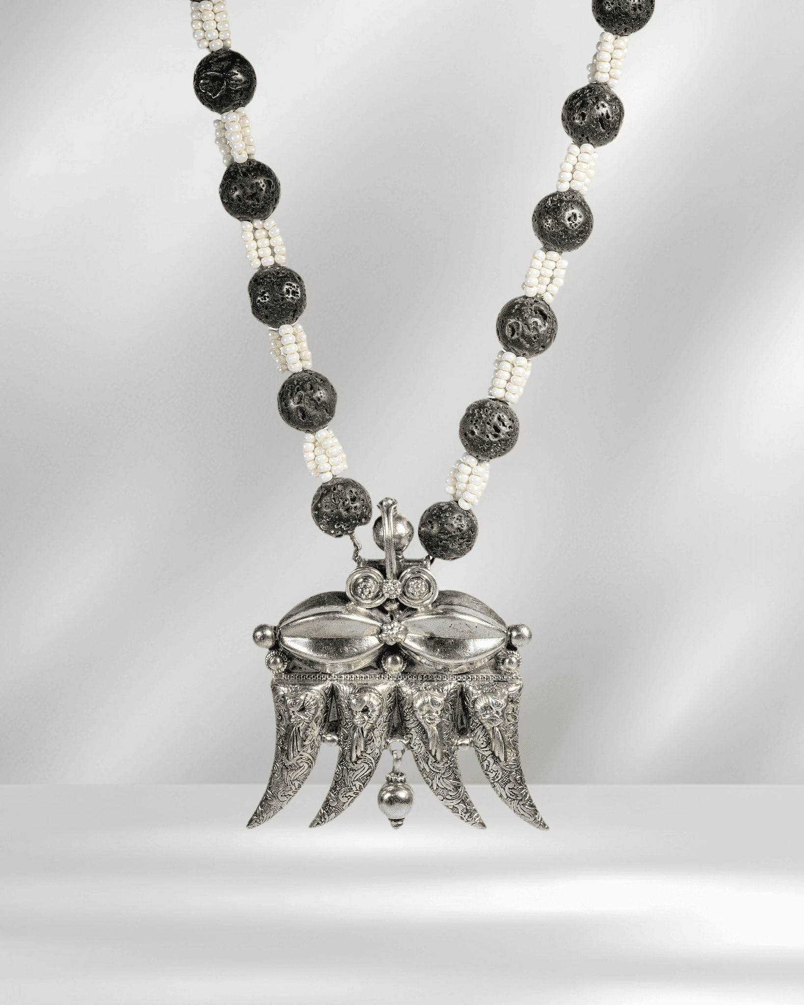 Oxidized 925 Sterling Silver Tribal Claw Pendant Necklace with Lava Beads | Boho Statement Mala