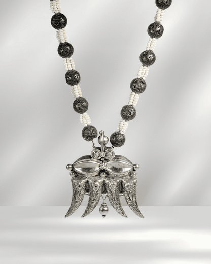 Oxidized 925 Sterling Silver Tribal Claw Pendant Necklace with Lava Beads | Boho Statement Mala