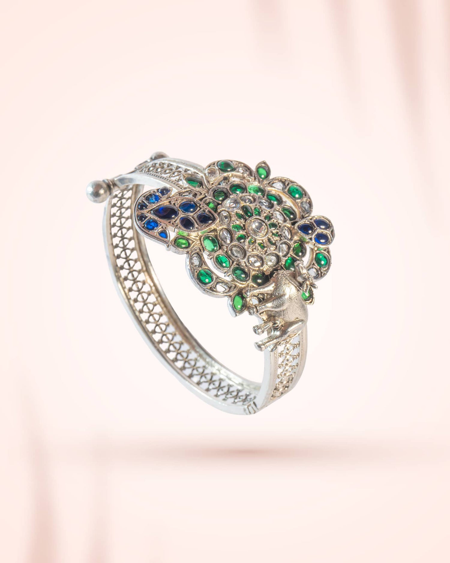 92.5 Sterling Silver Green &amp; Blue Jadau Floral Bangle | Royal Antique Openable Kada