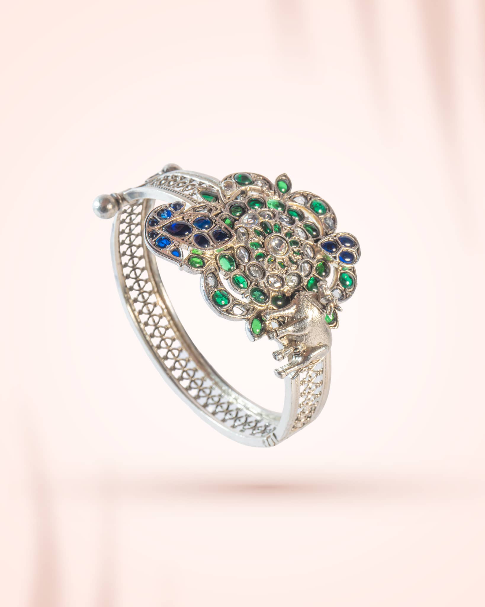 92.5 Sterling Silver Green & Blue Jadau Floral Bangle | Royal Antique Openable Kada