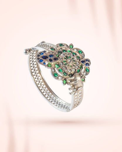 92.5 Sterling Silver Green &amp; Blue Jadau Floral Bangle | Royal Antique Openable Kada