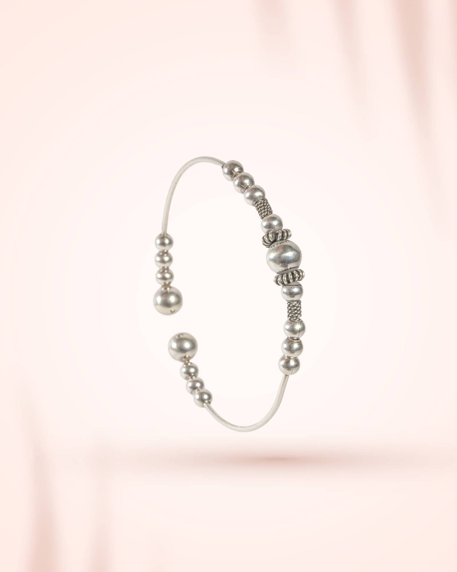 Oxidized Silver Beaded Open Cuff Bangle | Tribal Boho Adjustable Bracelet