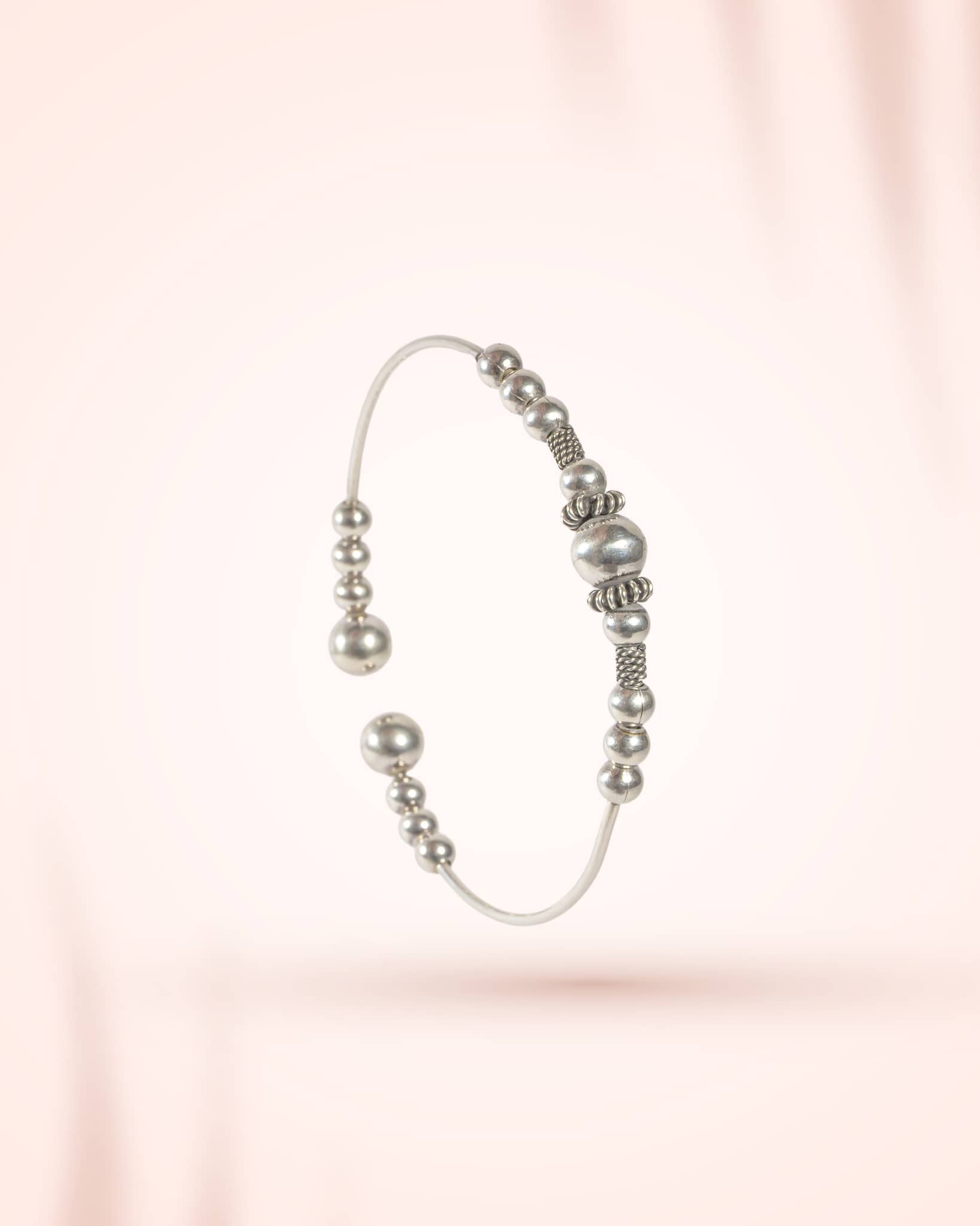 Oxidized Silver Beaded Open Cuff Bangle | Tribal Boho Adjustable Bracelet