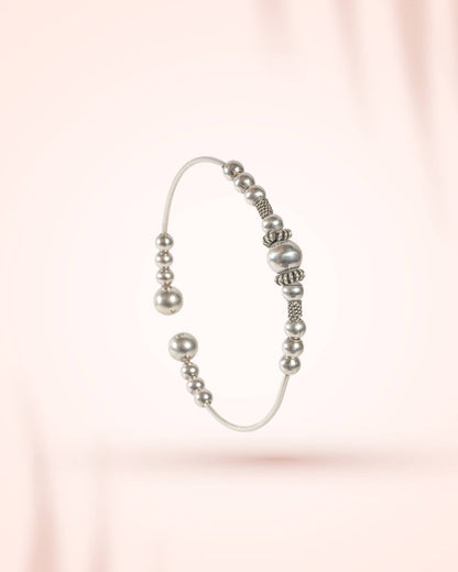 Oxidized Silver Beaded Open Cuff Bangle | Tribal Boho Adjustable Bracelet
