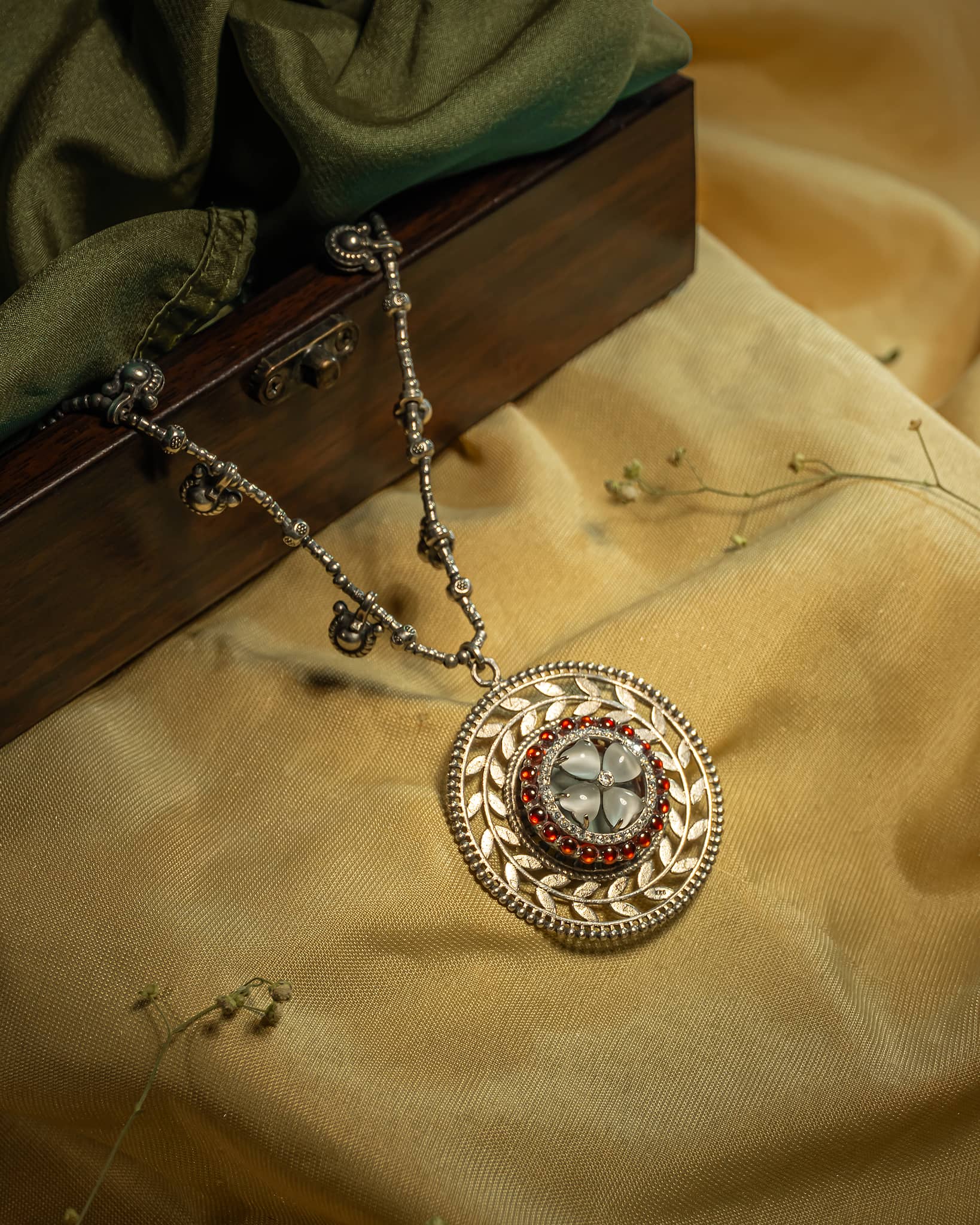 Oxidized 925 Sterling Silver Round Floral Pendant Necklace with Red & White Stones | Long Traditional Chain