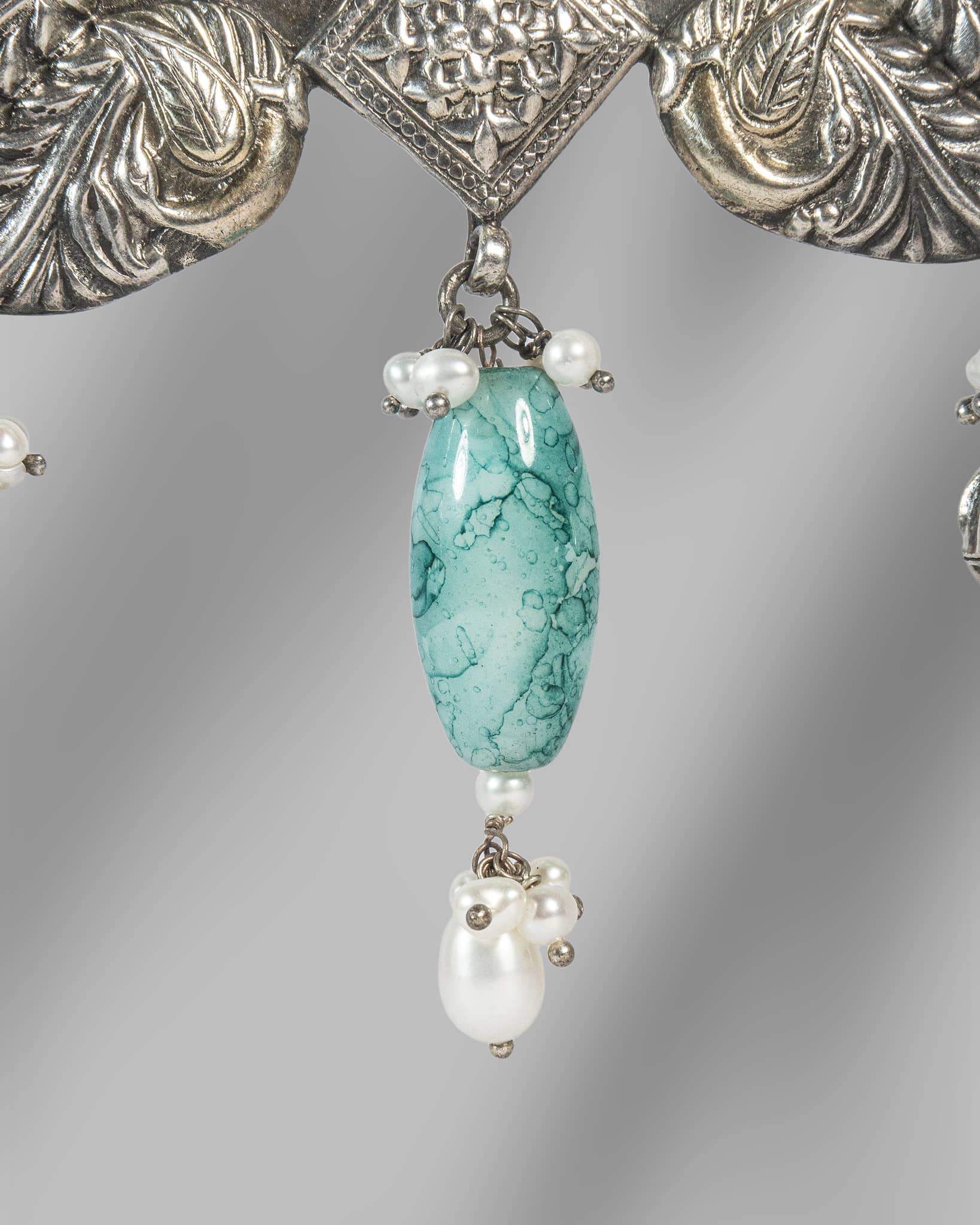 Oxidized 925 Sterling Silver Turquoise Beaded Long Necklace | Tribal Floral Pendant Mala
