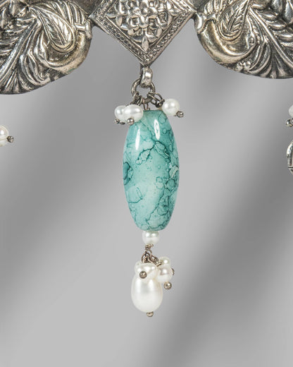 Oxidized 925 Sterling Silver Turquoise Beaded Long Necklace | Tribal Floral Pendant Mala