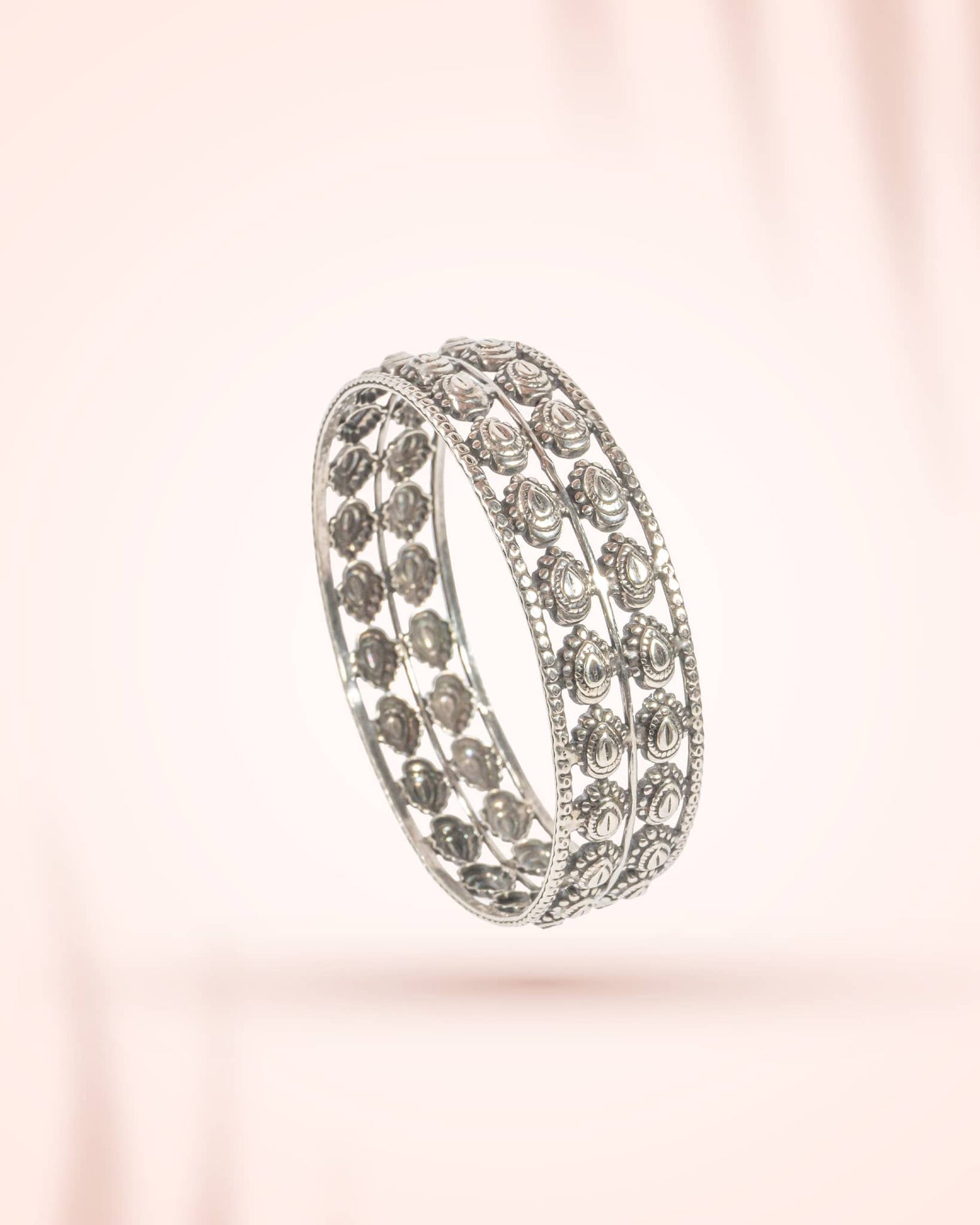 92.5 Sterling Silver Antique Multi-Row Motif Bangle | Traditional Oxidized Wide Kada