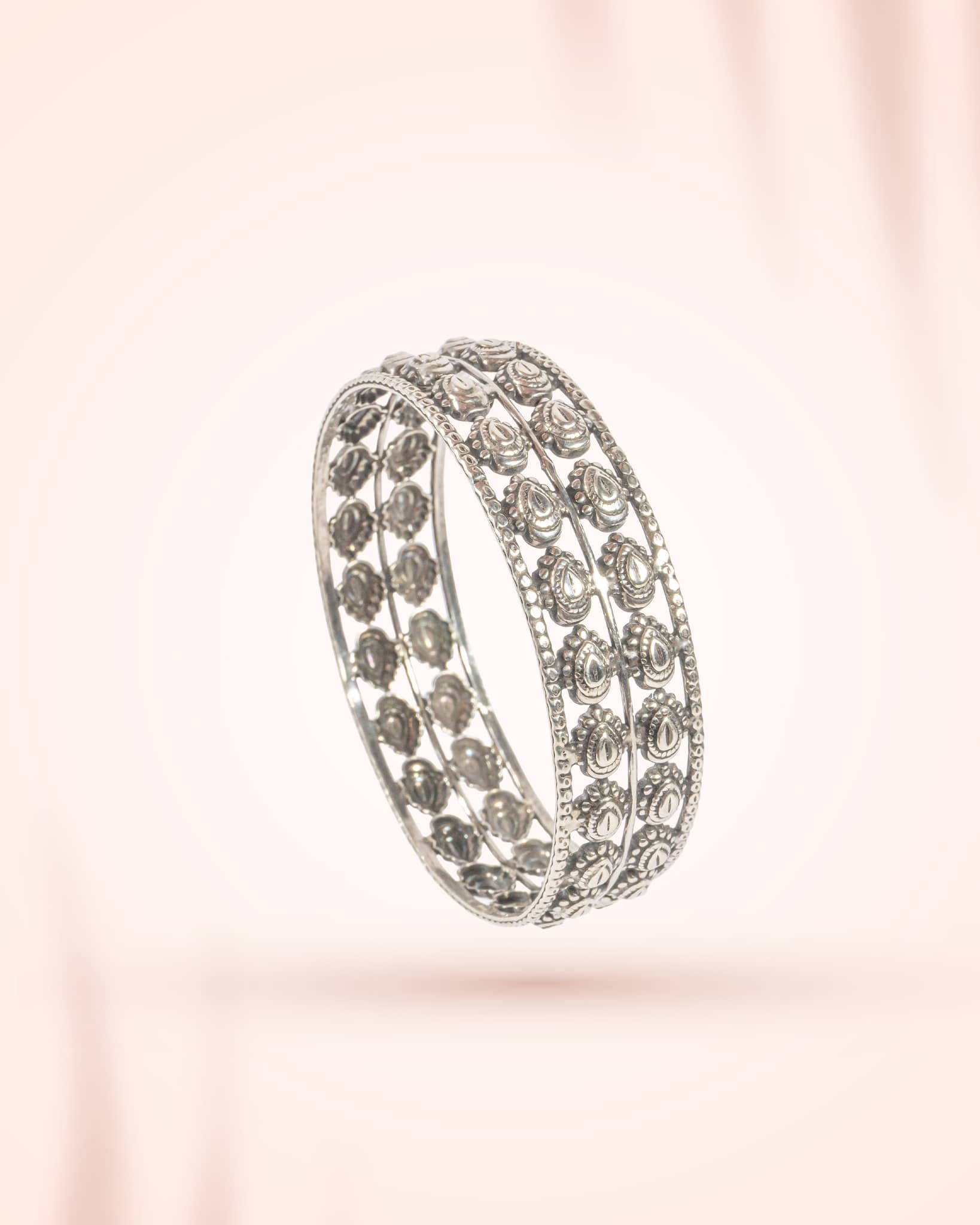 92.5 Sterling Silver Antique Multi-Row Motif Bangle | Traditional Oxidized Wide Kada
