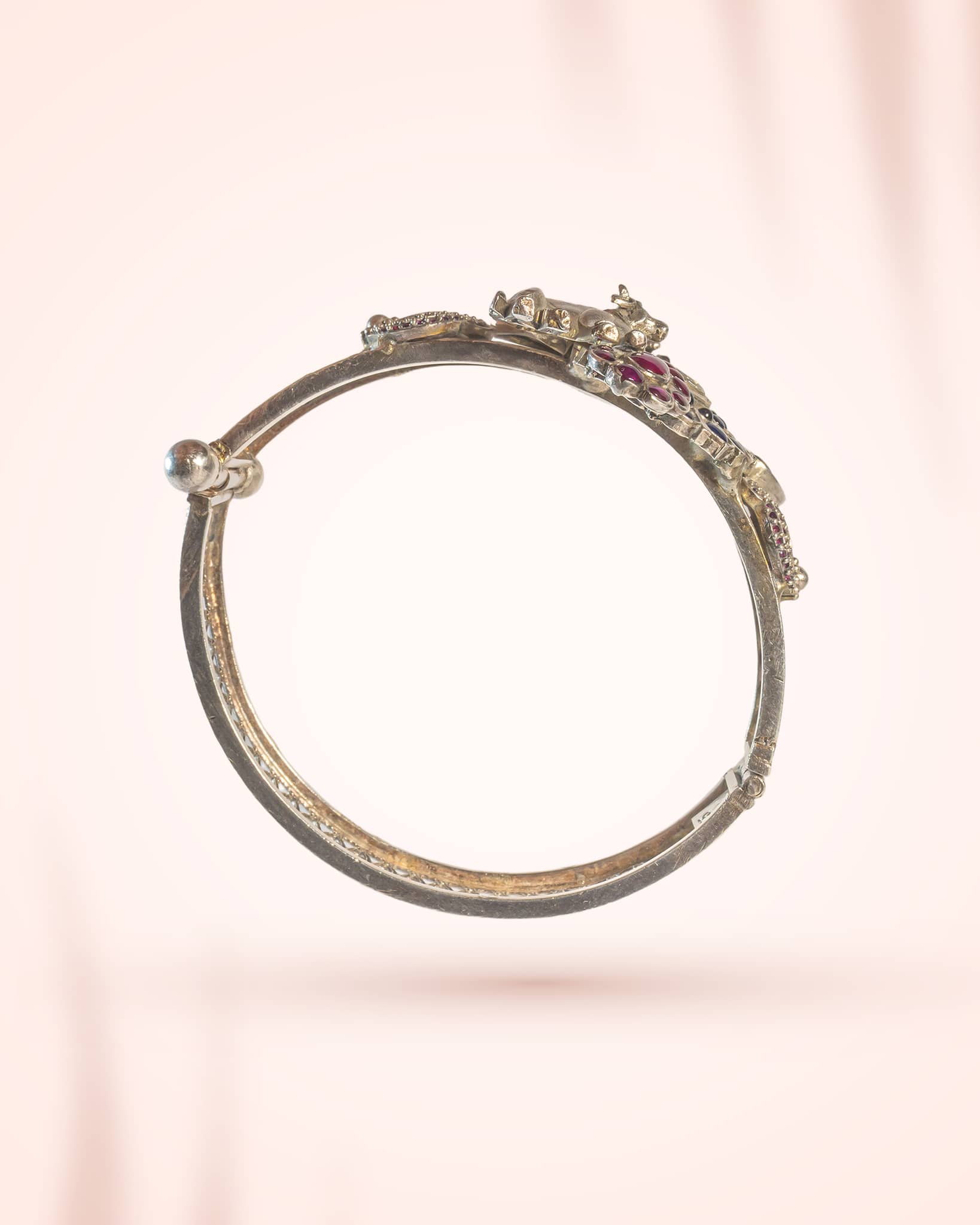 92.5 Sterling Silver Gau Mata & Bird Jadau Bangle | Vrindavan Theme Antique Kada