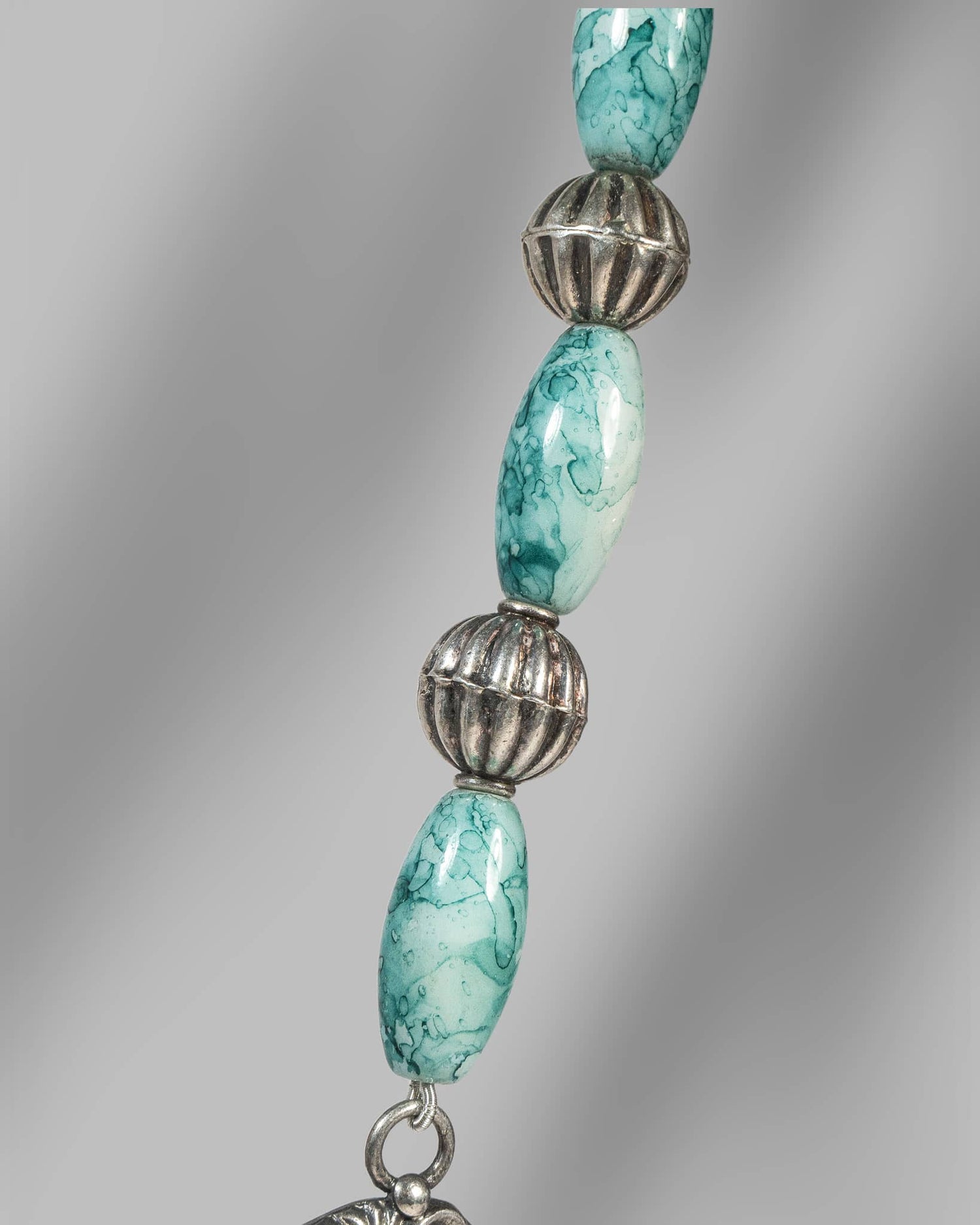 Oxidized 925 Sterling Silver Turquoise Beaded Long Necklace | Tribal Floral Pendant Mala