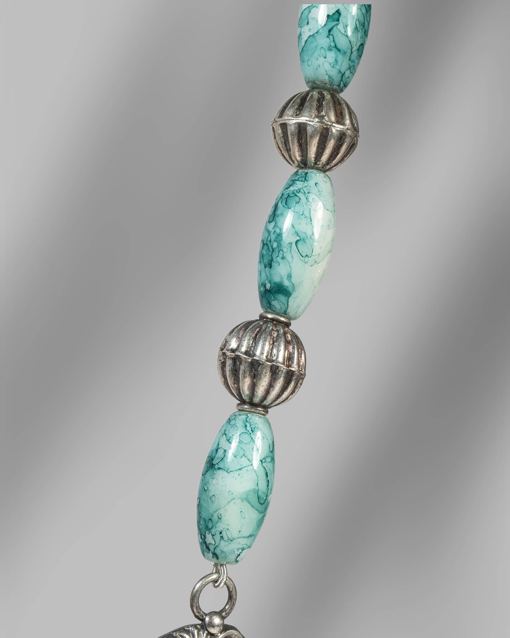 Oxidized 925 Sterling Silver Turquoise Beaded Long Necklace | Tribal Floral Pendant Mala