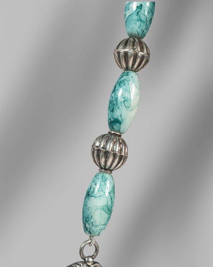 Oxidized 925 Sterling Silver Turquoise Beaded Long Necklace | Tribal Floral Pendant Mala