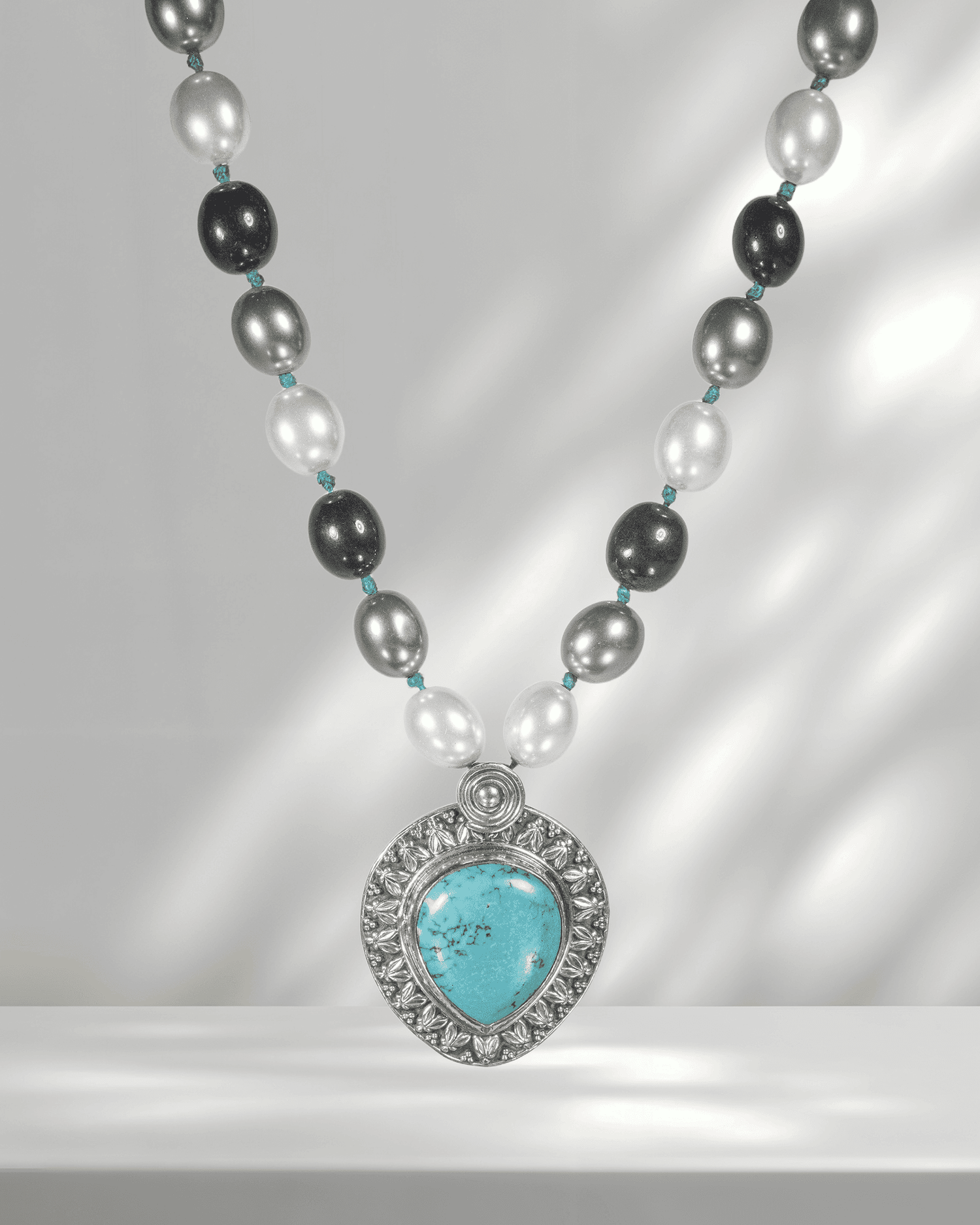 Oxidized 925 Sterling Silver Turquoise Teardrop Pendant Necklace | Tri-Color Shell Pearl Mala