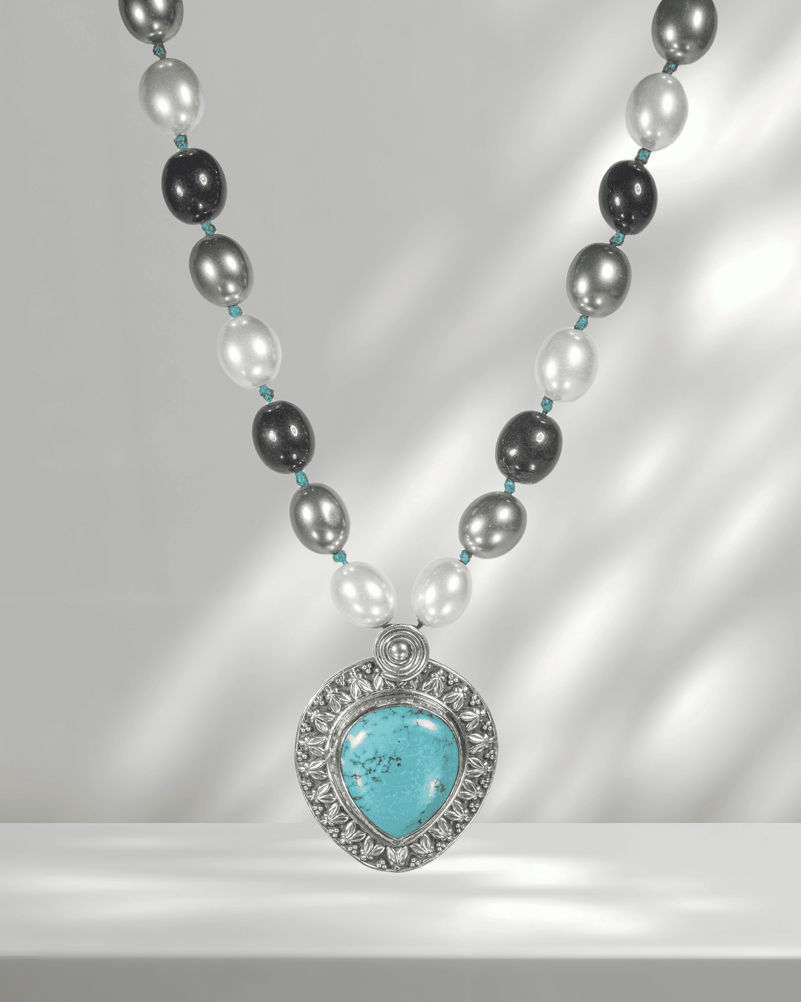 Oxidized 925 Sterling Silver Turquoise Teardrop Pendant Necklace | Tri-Color Shell Pearl Mala