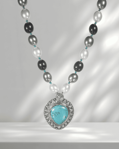 Oxidized 925 Sterling Silver Turquoise Teardrop Pendant Necklace | Tri-Color Shell Pearl Mala