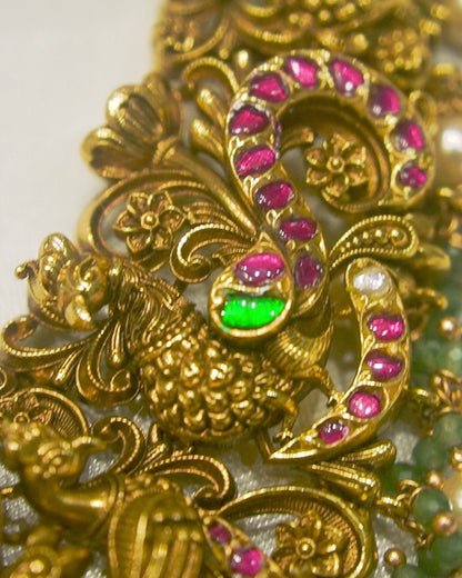 Lakshmi Peacock Antique Temple Necklace Set with Earrings